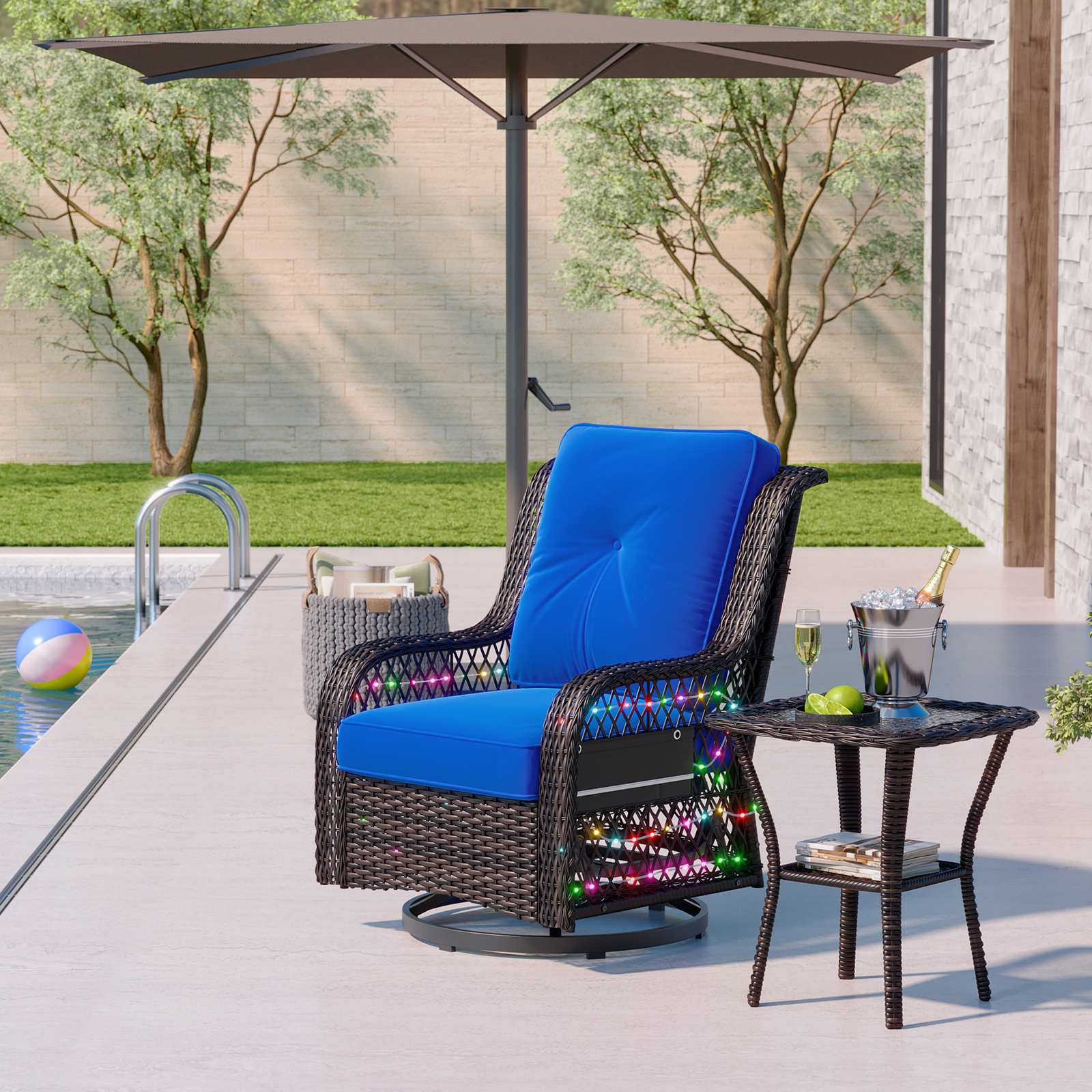 Bestier LOW-O300152A-BP026 30.71-in W Blue Outdoor Wicker Swivel Gliding Chair with Tempered Glass End Table
