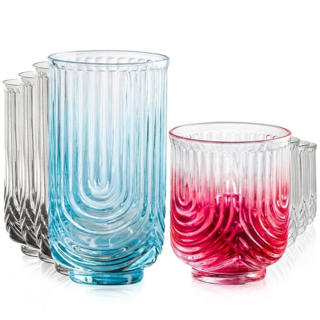 Aoibox  Set of 8 Art Deco Ribbed Highball Drinking Glasses Clear Retro Glassware for Whiskey Beer Cocktails Use