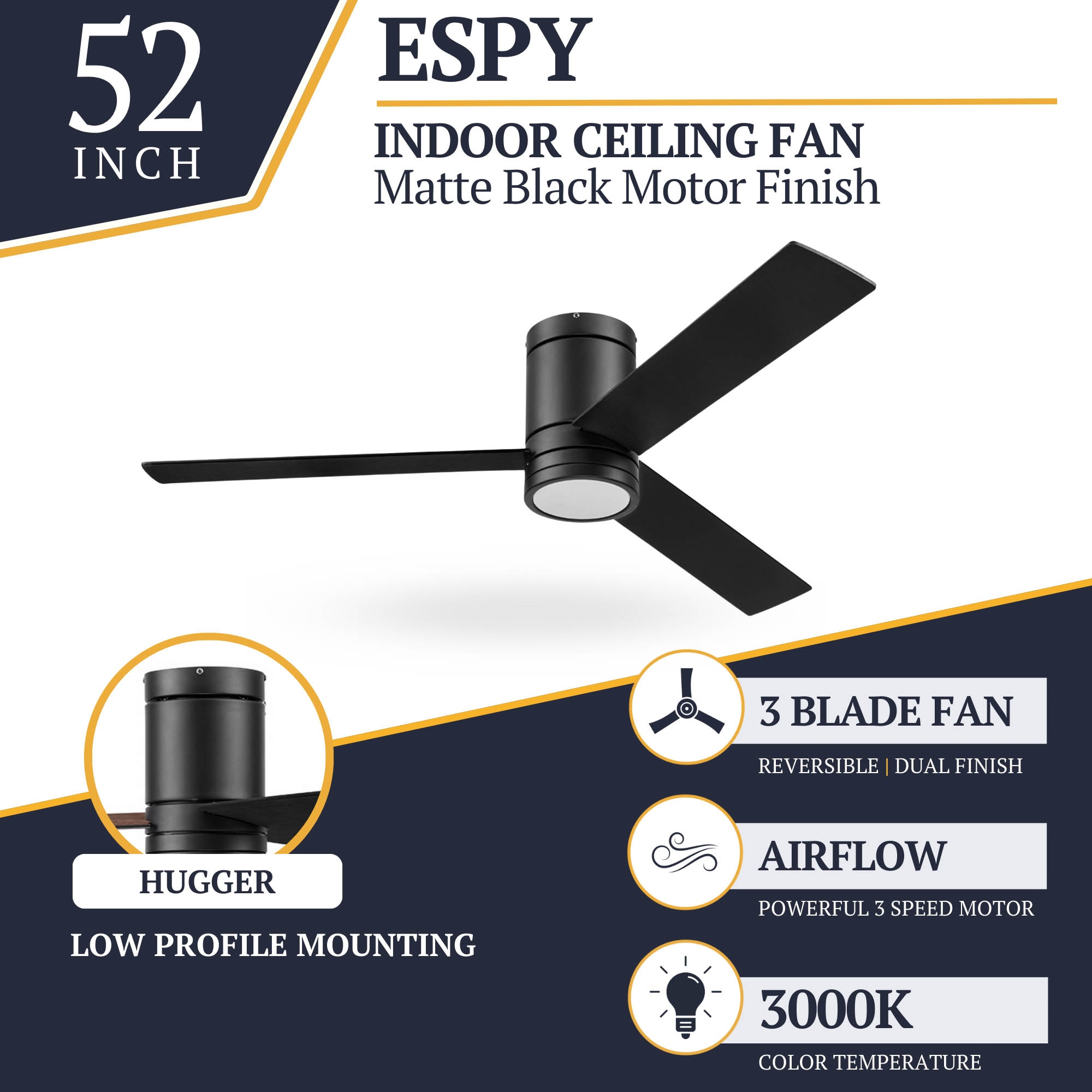 Espy 52'' Matte Black Low Profile Ceiling Fan with LED Light and Remote