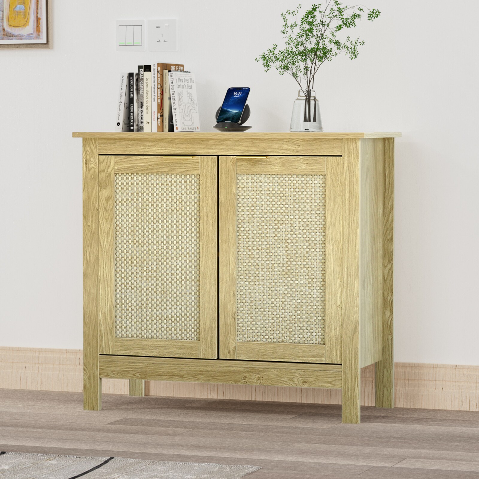 Delarpo Traditional Oak Wood Sideboard with 2 Rattan Doors Farmhouse Style in the Dining Kitchen Storage department at Lowes