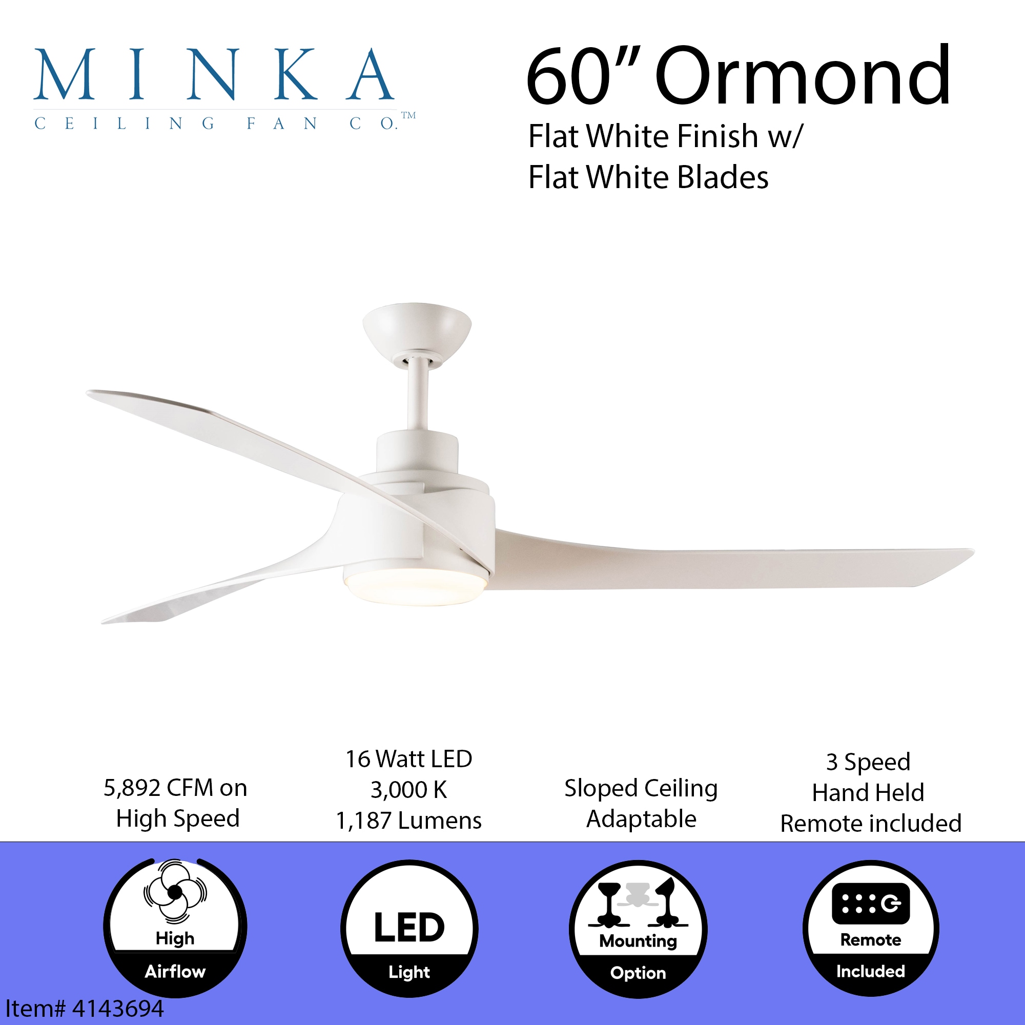 Minka Ceiling Fan Co. Ormond 60-in Flat White Integrated LED Indoor Ceiling  Fan with Light and Remote (3-Blade) at Lowes.com