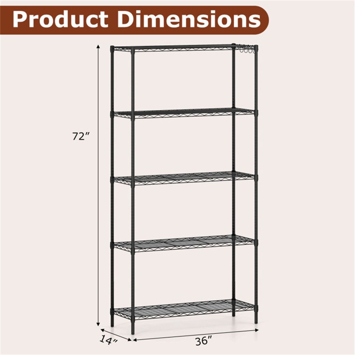 JUSHUA 5-Tier Heavy-Duty Metal Wire Shelving 1250LBS Total Capacity ...