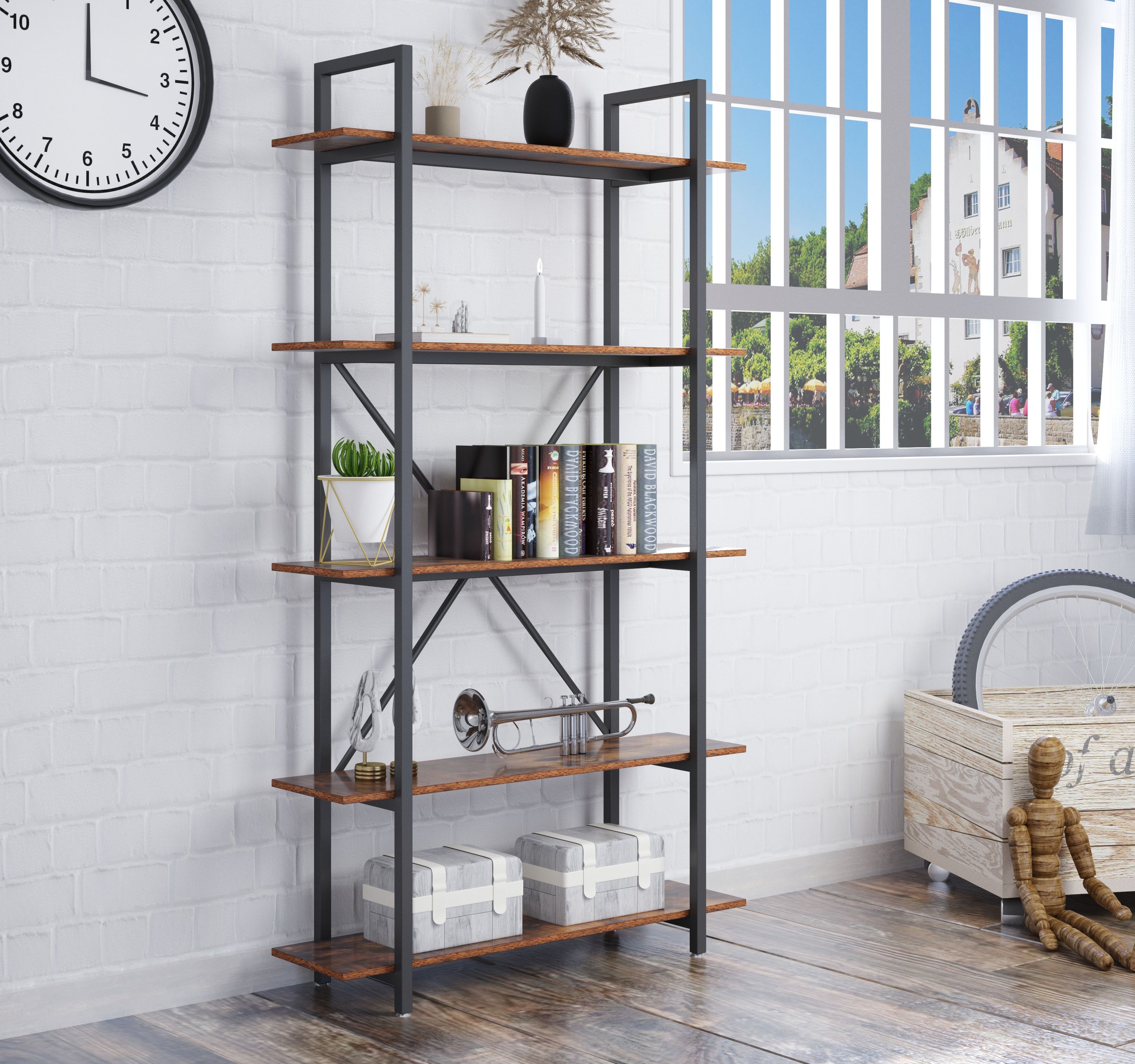 CASAINC Bookcase Brown Metal 5-Shelf Ladder Bookcase (39.4-in W x 70-in ...