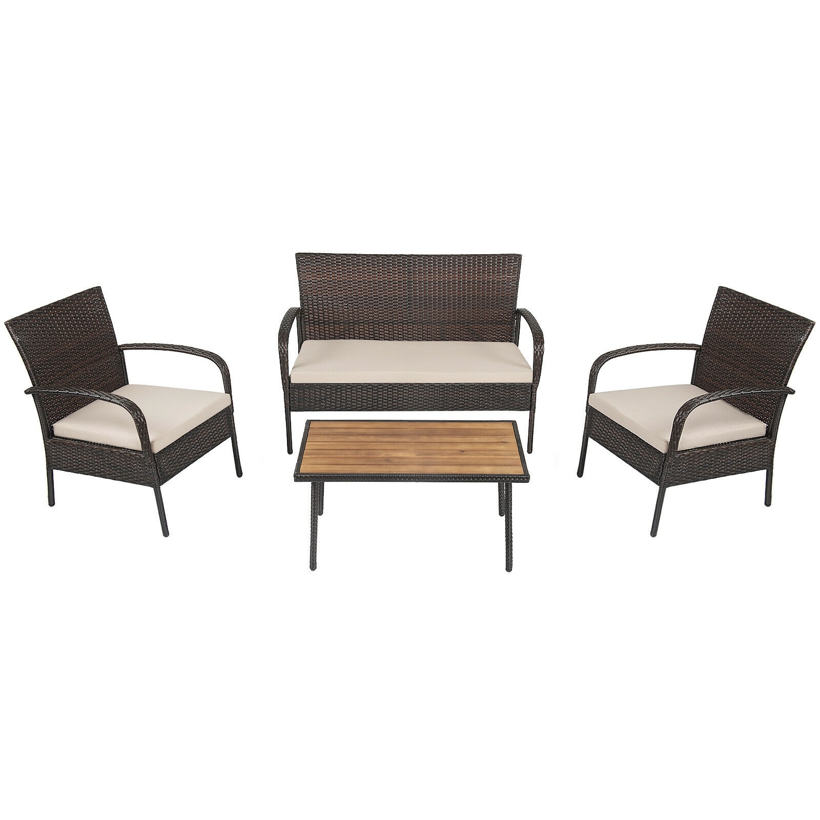 Slickblue D-CO-86776WH 4-Piece Patio Cushioned Wicker Conversation Set with Mix Brown Rattan and Beige Cushions Including Loveseat Two Chairs and Acacia Wood Coffee Table for Patios Gardens or Porches