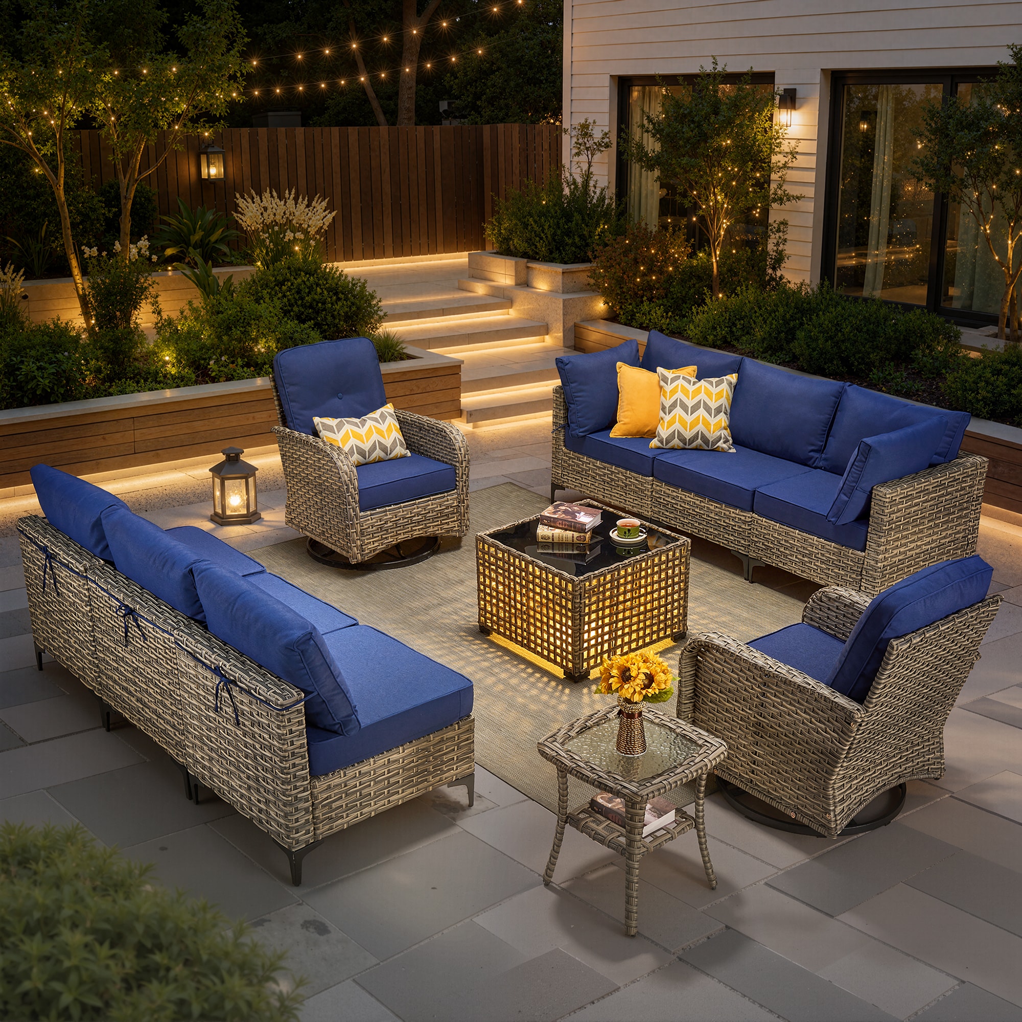 Amber Rattan Outdoor Sectional with Navy Cushions and Rattan Frame