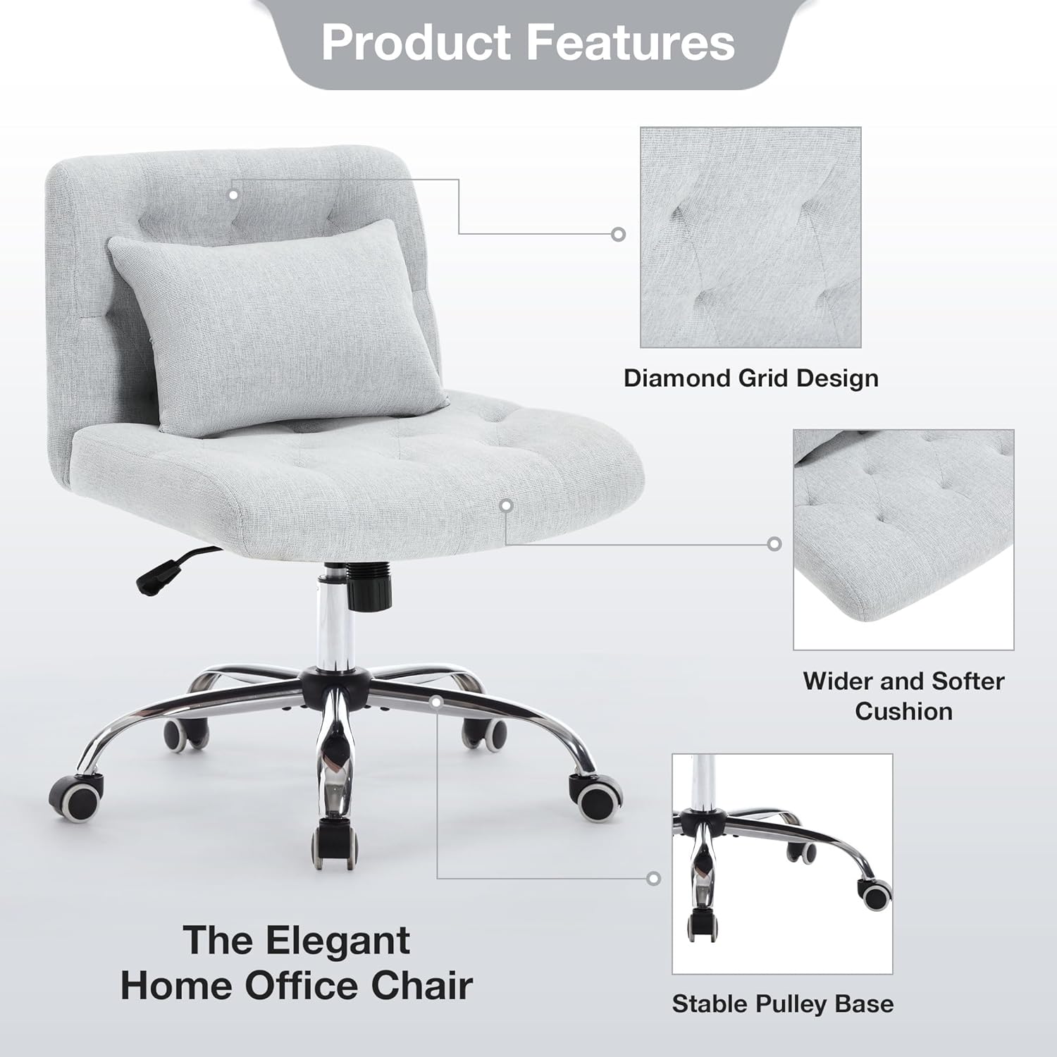 Product features of the light gray office chair showing diamond grid design, cushion, stable base