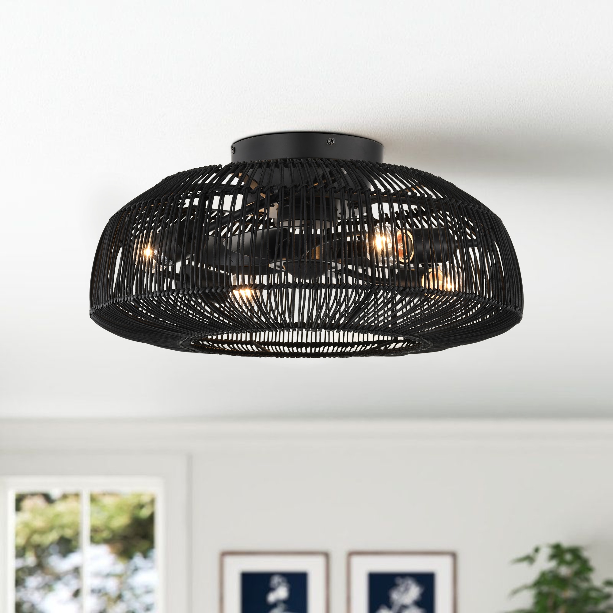 Maxax 26007-4BK Beauchame 20-in Flush Mount Black with Matte Blades Fandelier Ceiling Fan With Light - Remote Included ( 7 -Blade )