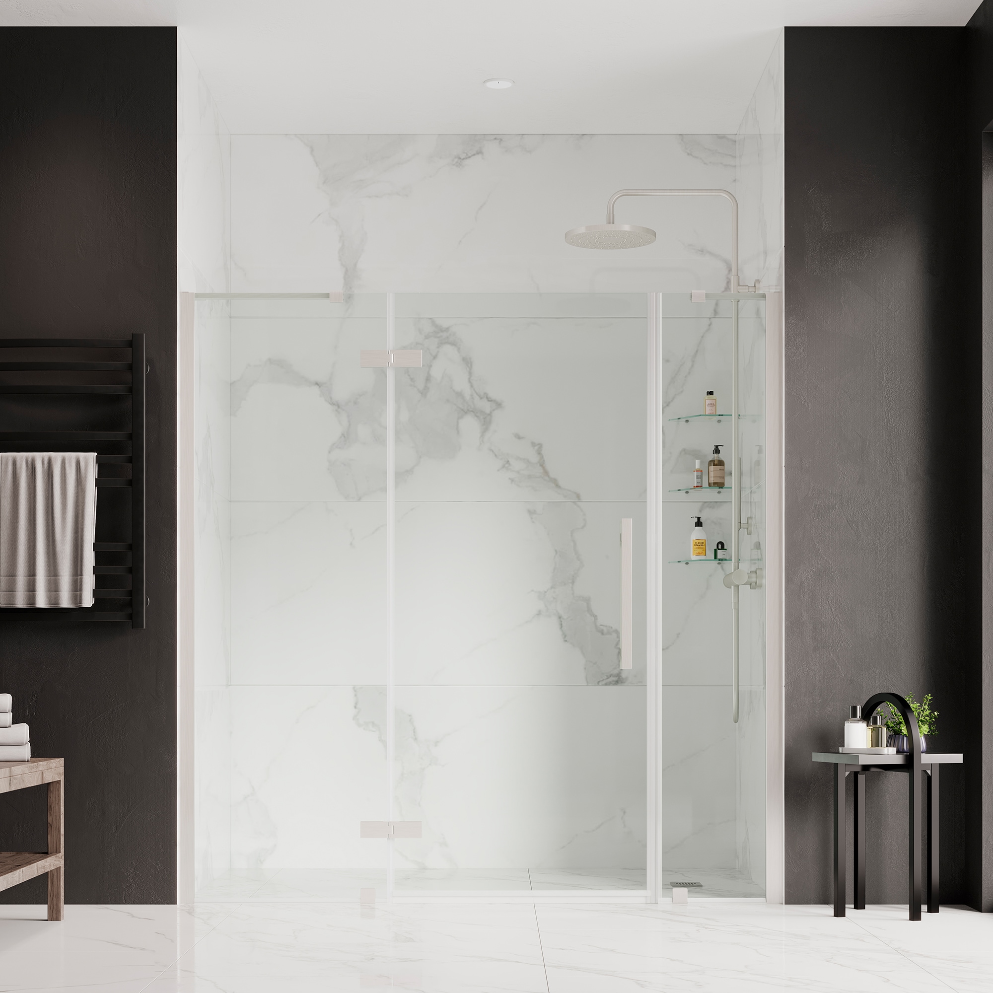 OVE Decors 828796069564 Tampa Satin nickel 69-3/4-in to 72-1/16-in W x 72-in H Frameless Pivot Shower door 5/16-in Thick Clear Glass