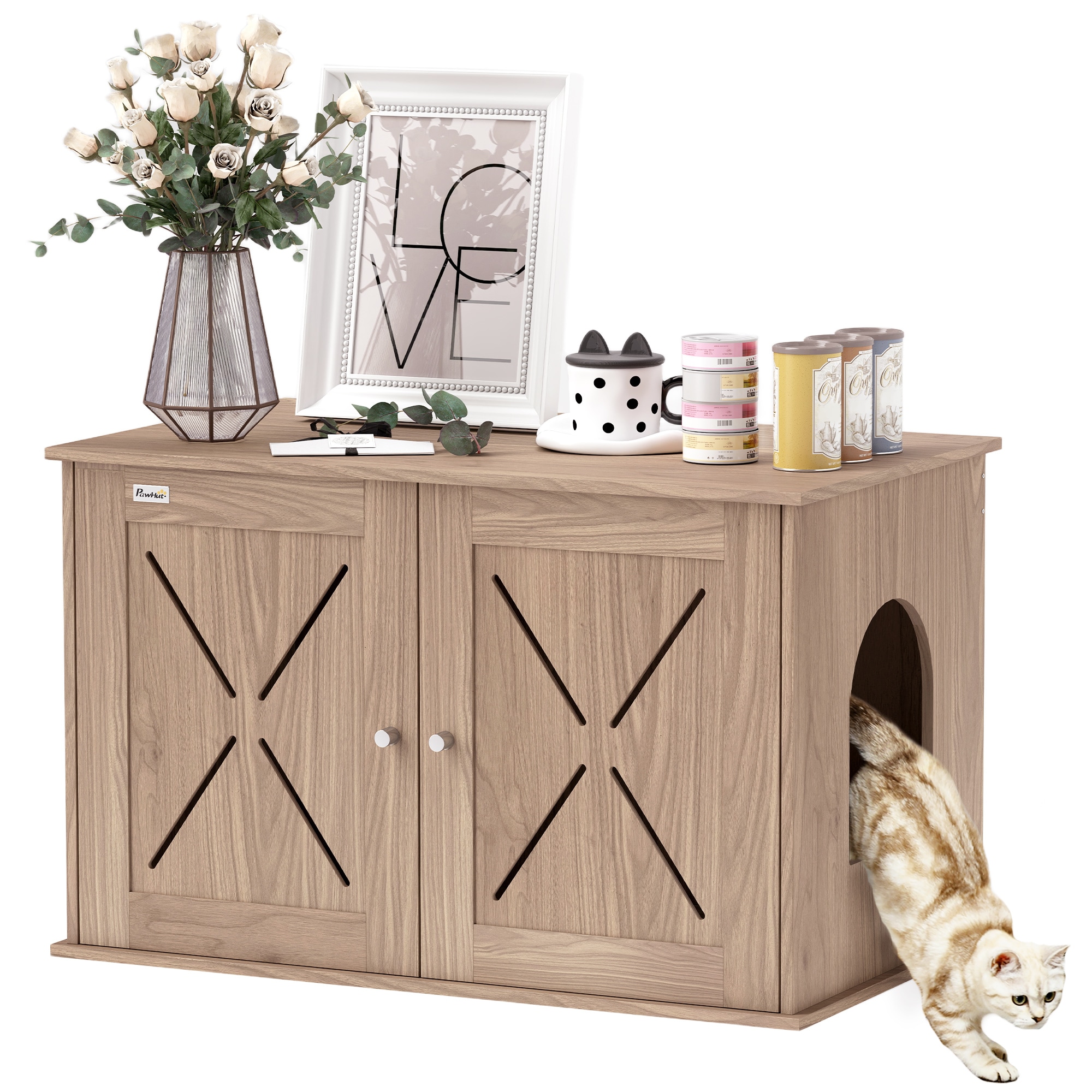 PawHut D31-110V00WN Cat Litter Box Enclosure Hidden Litter Box Furniture with Ventilated Door Hole Cat Washroom Indoor Kitten House End Table Walnut