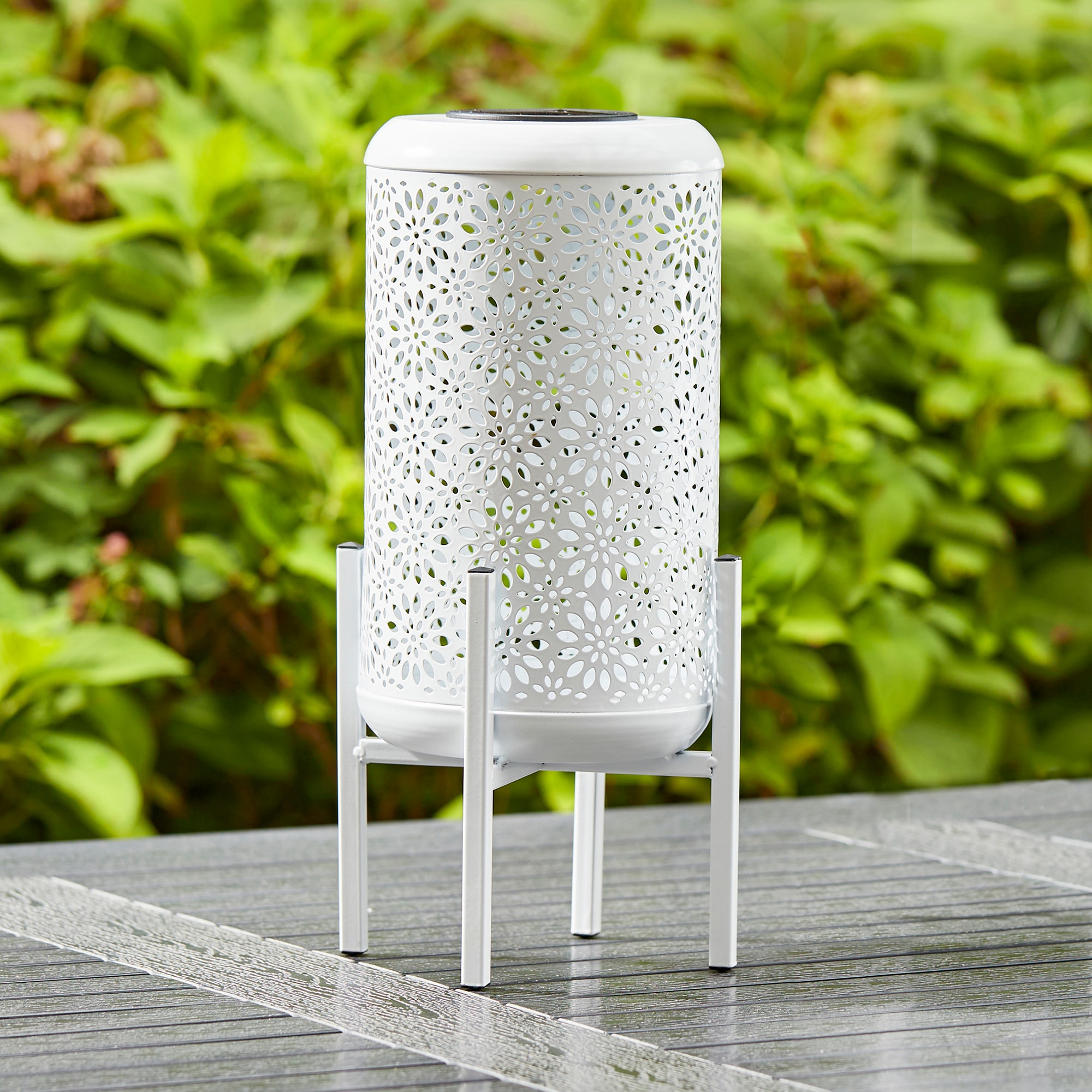 14.25" White Metal Floral Motif Outdoor Lantern