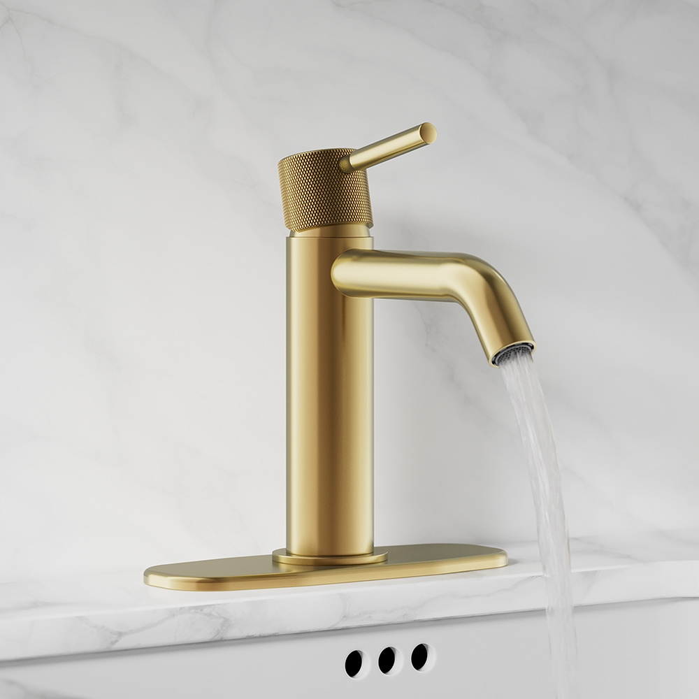Origin 21 FS1A9281CZ Tally Brushed Gold PVD Single hole 1-handle WaterSense Mid-arc Residential Handle Bathroom Sink Faucet with Drain with Deck Plate