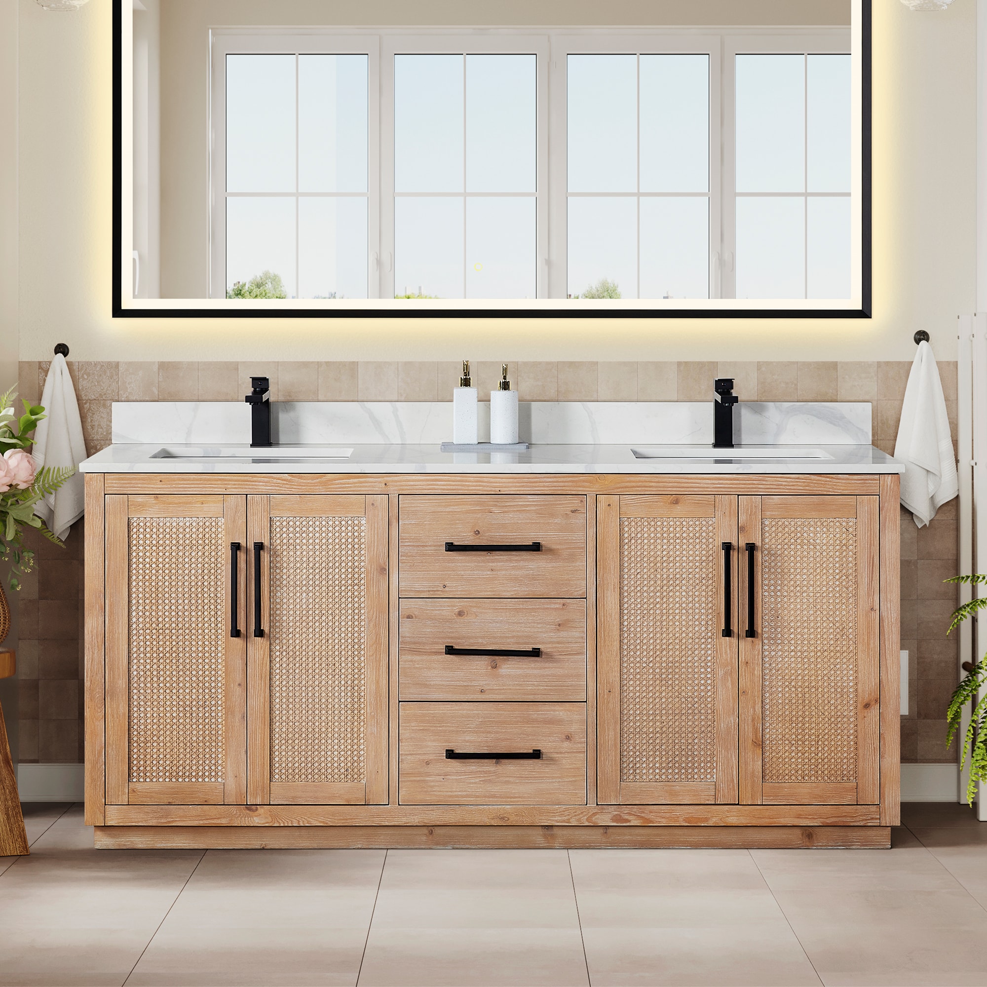 Light Brown Double Sink Freestanding Vanity with Rattan Doors and Quartz Top