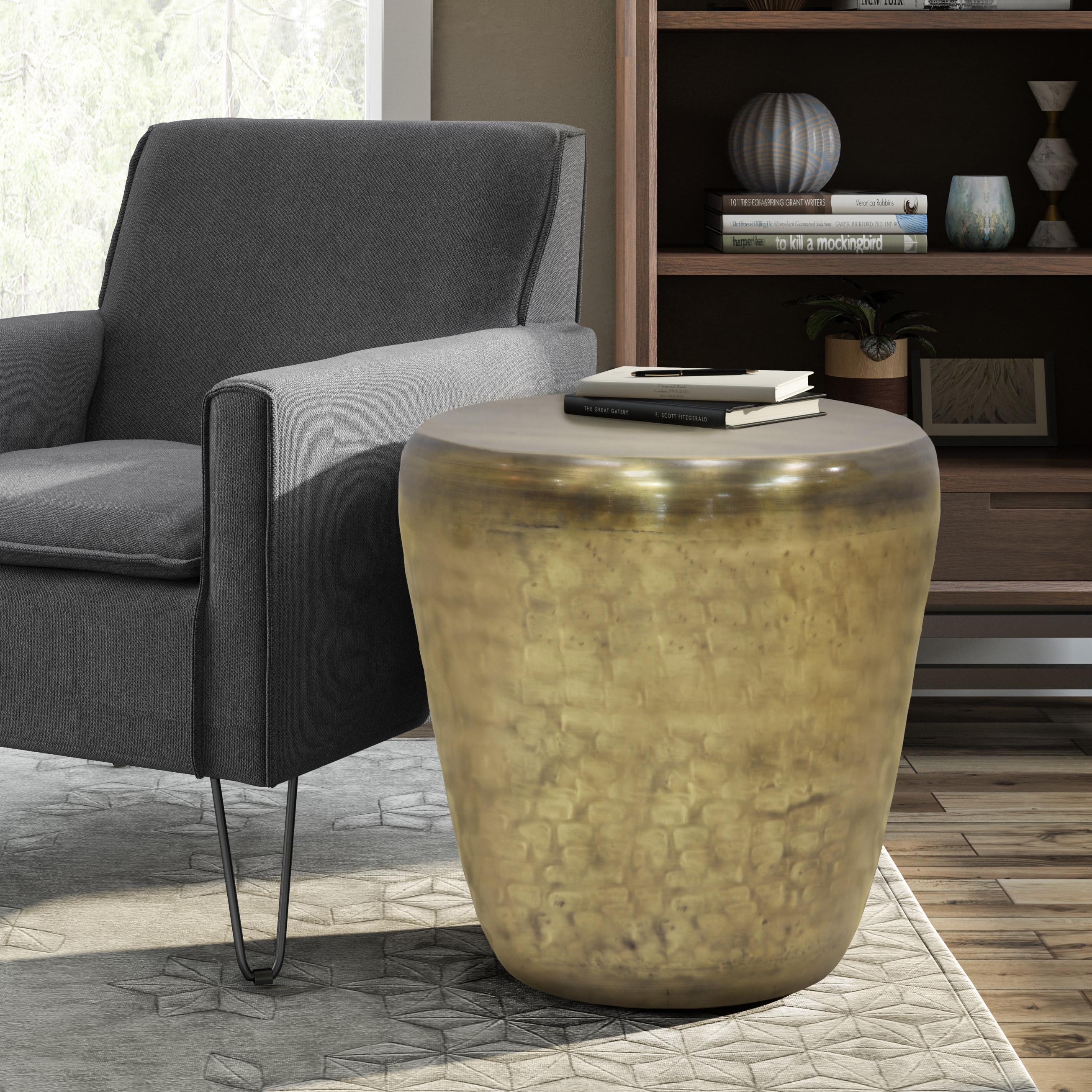 Simpli Home Garvy 19.7-in W x 21.7-in H Antique Gold Metal Round Industrial End  Table Fully Assembled in the End Tables department at
