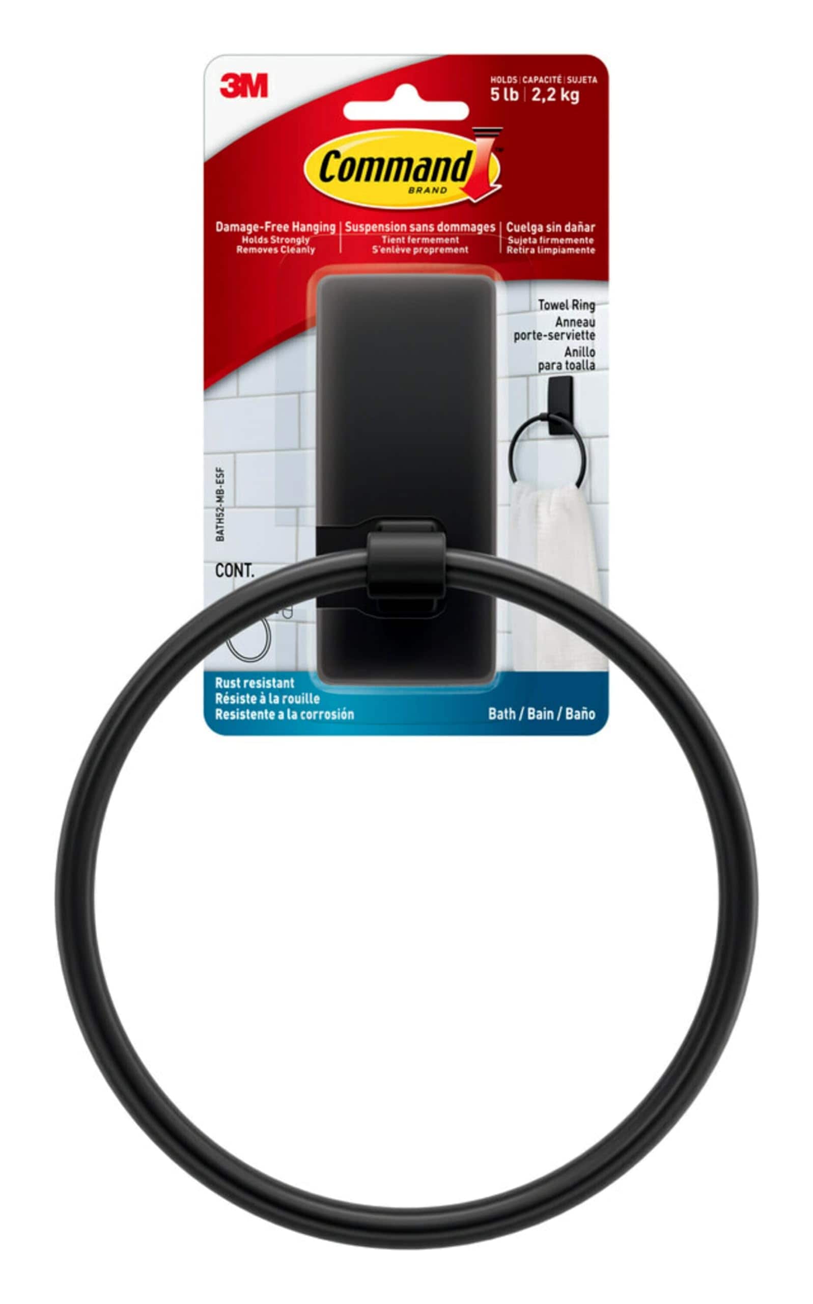 Command  Matte Black Hand Towel Ring with Water-Resistant  Strips No-Drill Towel Holder Holds up to 5 lbs