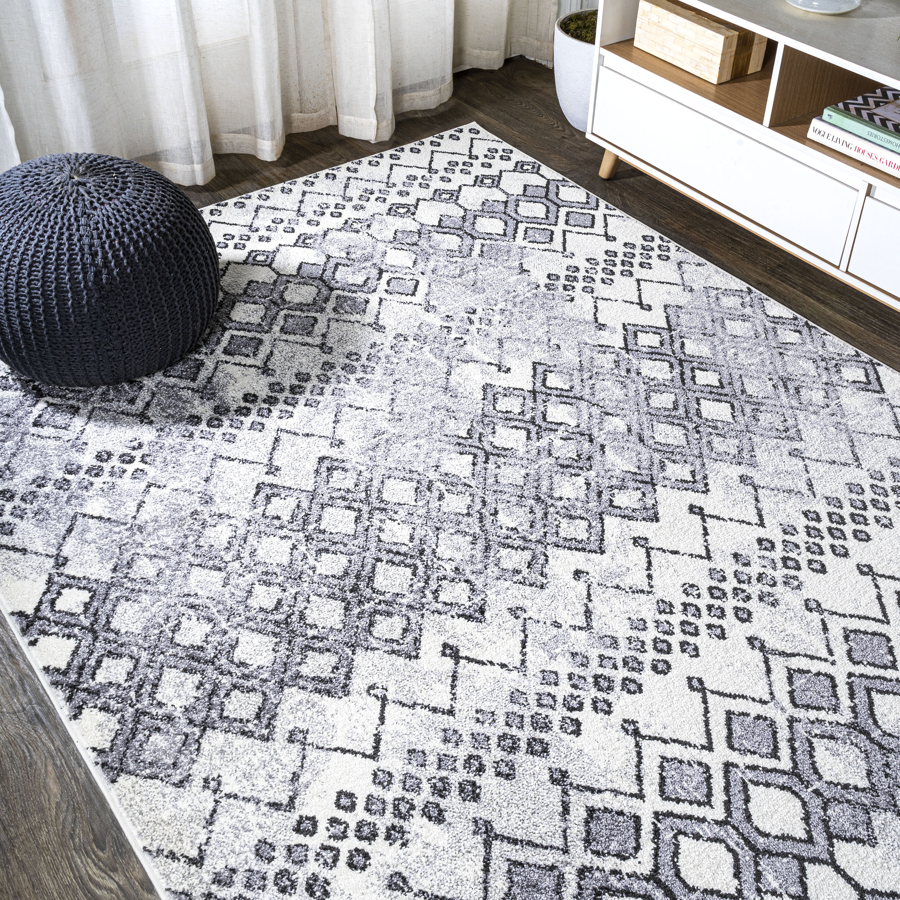 Ivory and Charcoal Moroccan Geometric Distressed Area Rug