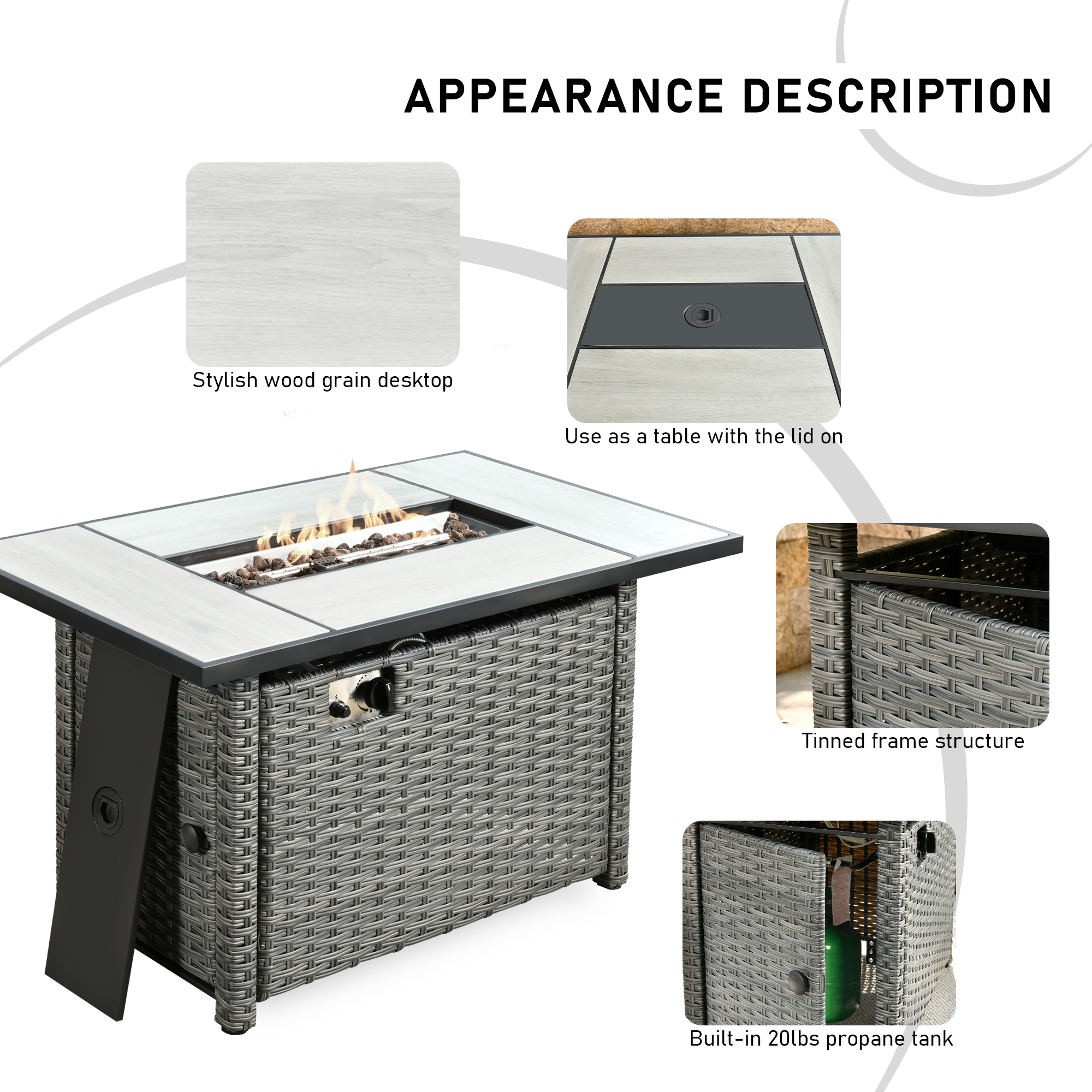 Pouuin GRM8015 42.12-in W Gray Wicker Rectangle Tabletop Natural gas Fire pit
