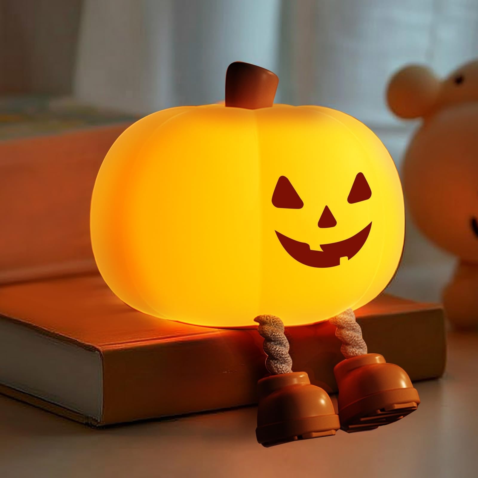 Lukvuzo  Pumpkin Night Light for Kids Cute Jack O Lantern Halloween Decor Dimmable Silicone Bedside Lamp Cordless Warm LED Soft Glow