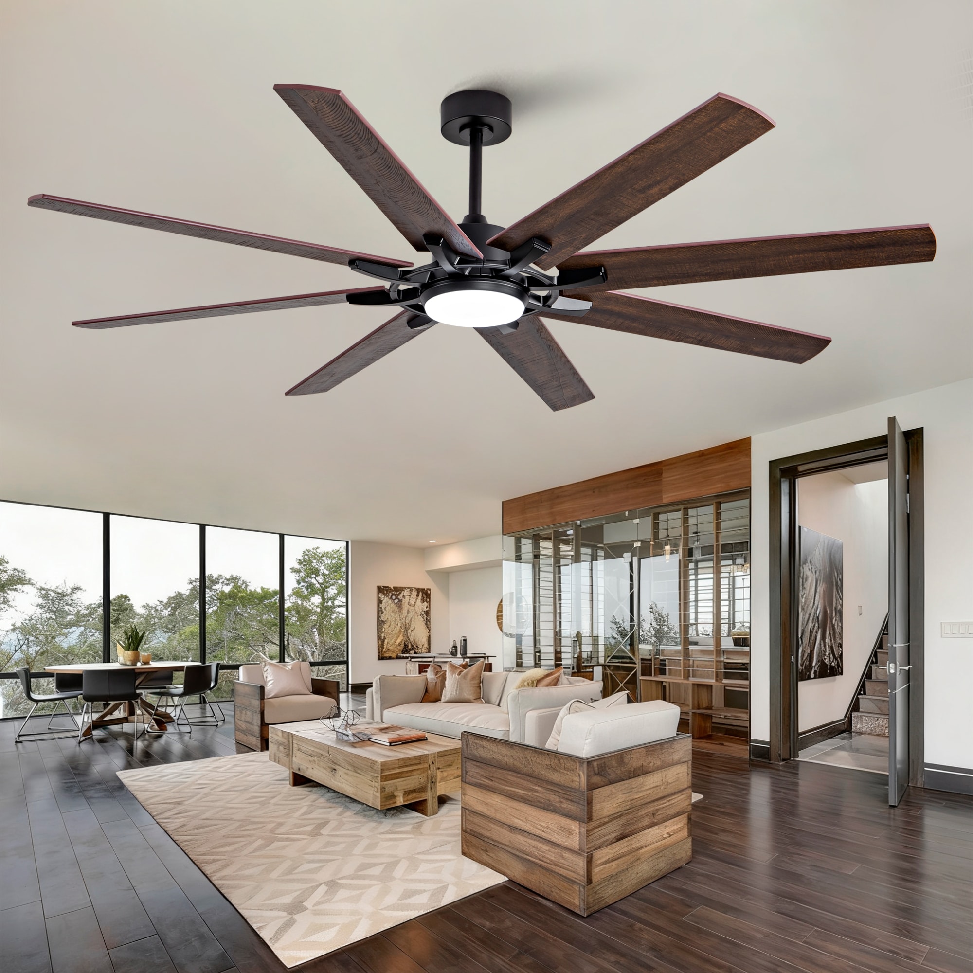 YOTOO 72 Inch Black and Walnut Color 8-Blade Plywood Ceiling Fan with Light 3 Color Dimmable LED 6 Speeds Reversible DC Motor with 5 and 10 Inch Downrods for Bedroom Living Room