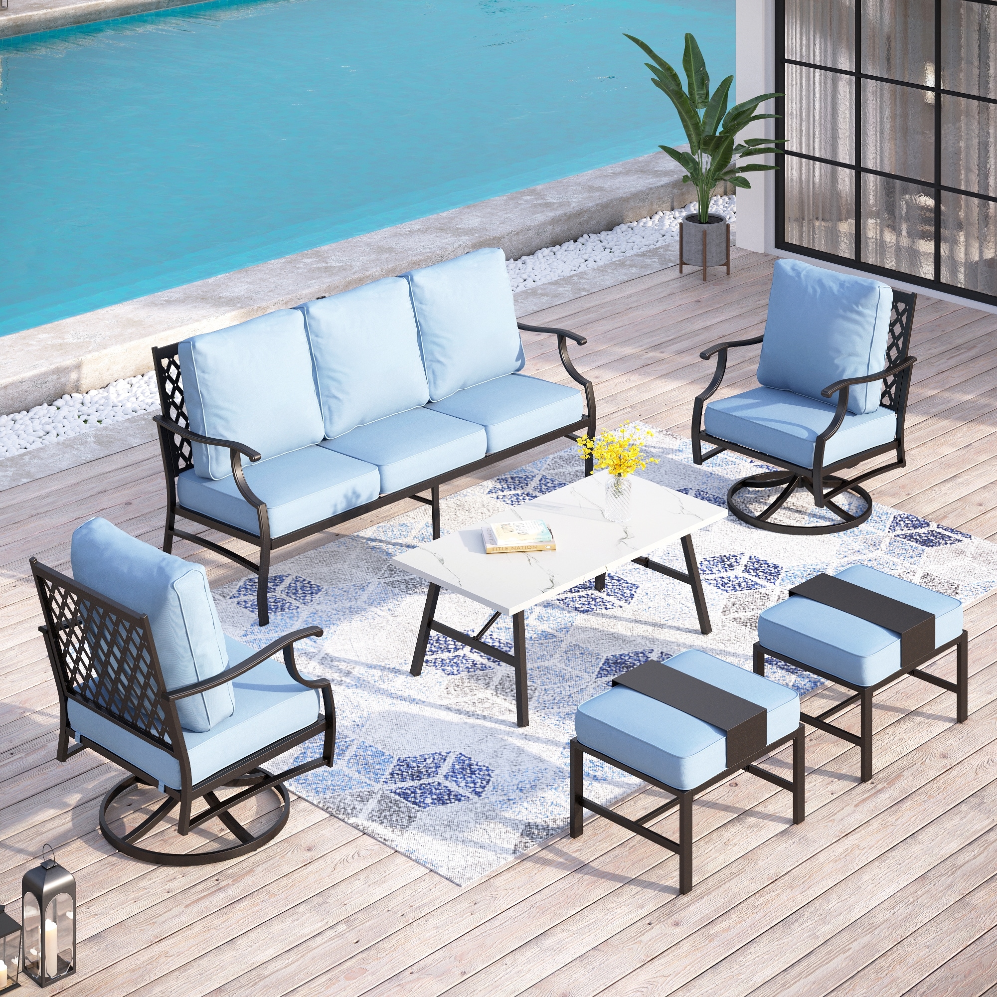 Sunshine Valley CP003-02-7-BL 6 -Piece Patio Sofa Conversation Set with Blue CUSHION PRO Cushions