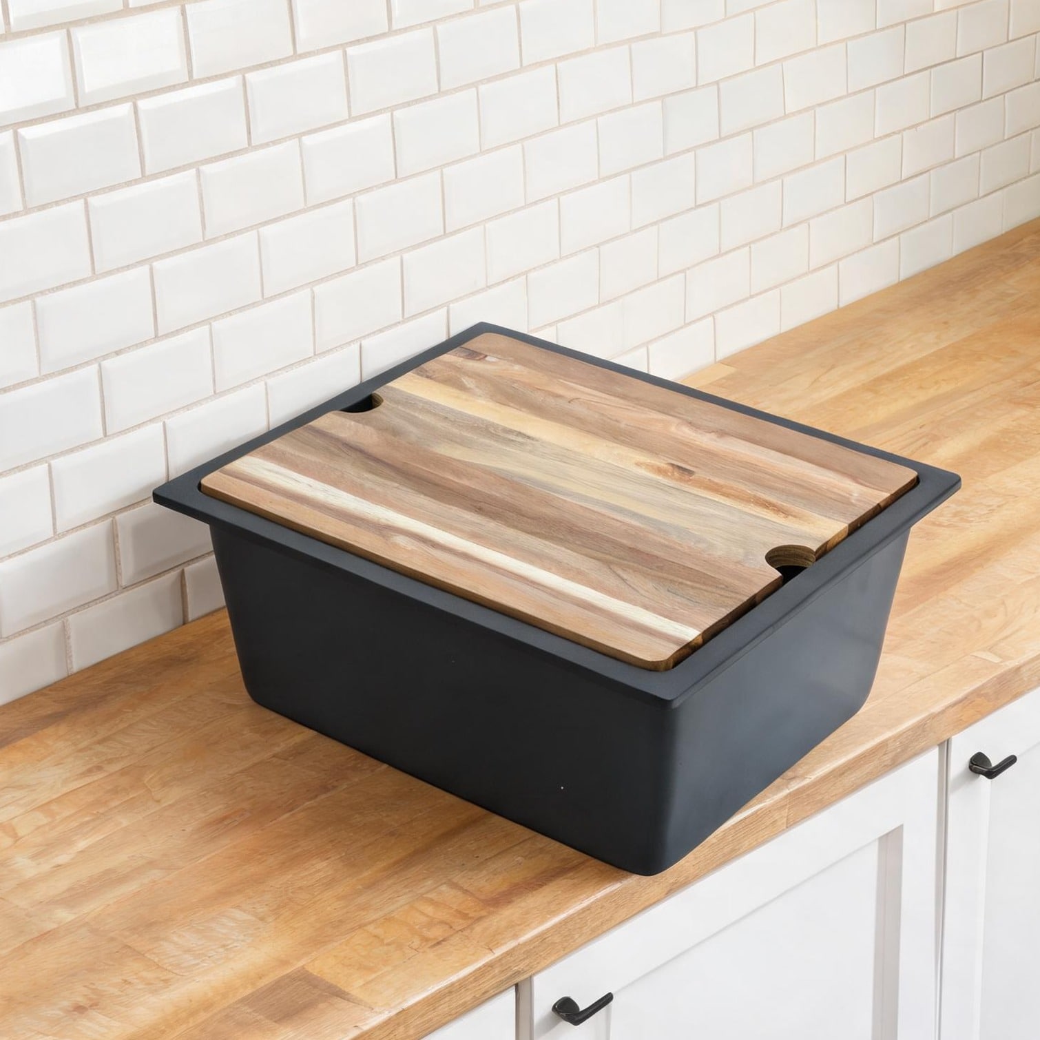 Watnature Jet Black Quartz Undermount Workstation Kitchen Sink with Accessories 21x18 in