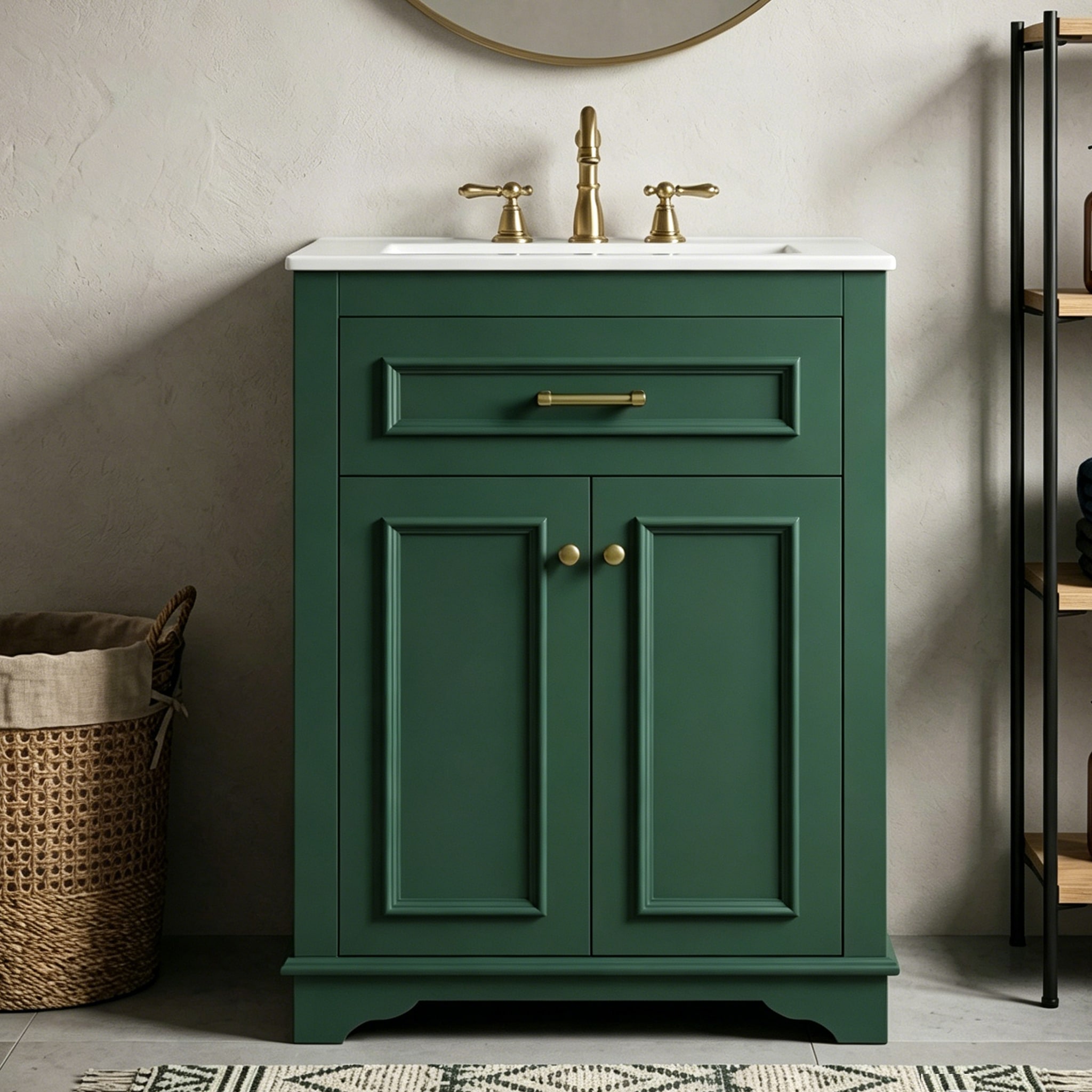 Hrinhom 24-in GREEN Single Sink Bathroom Vanity with White Ceramic Top