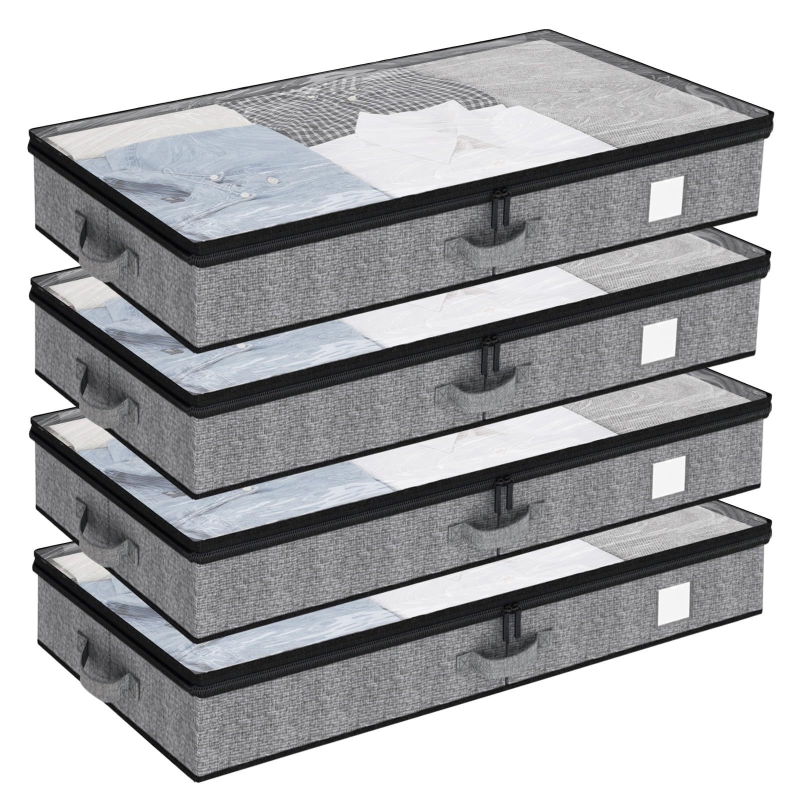 Misopily 4 Pack Underbed Storage Containers 4.3 Inch Low Profile Foldable Bins with Clear Top Lid Handles for Clothes Shoes Blankets Toys