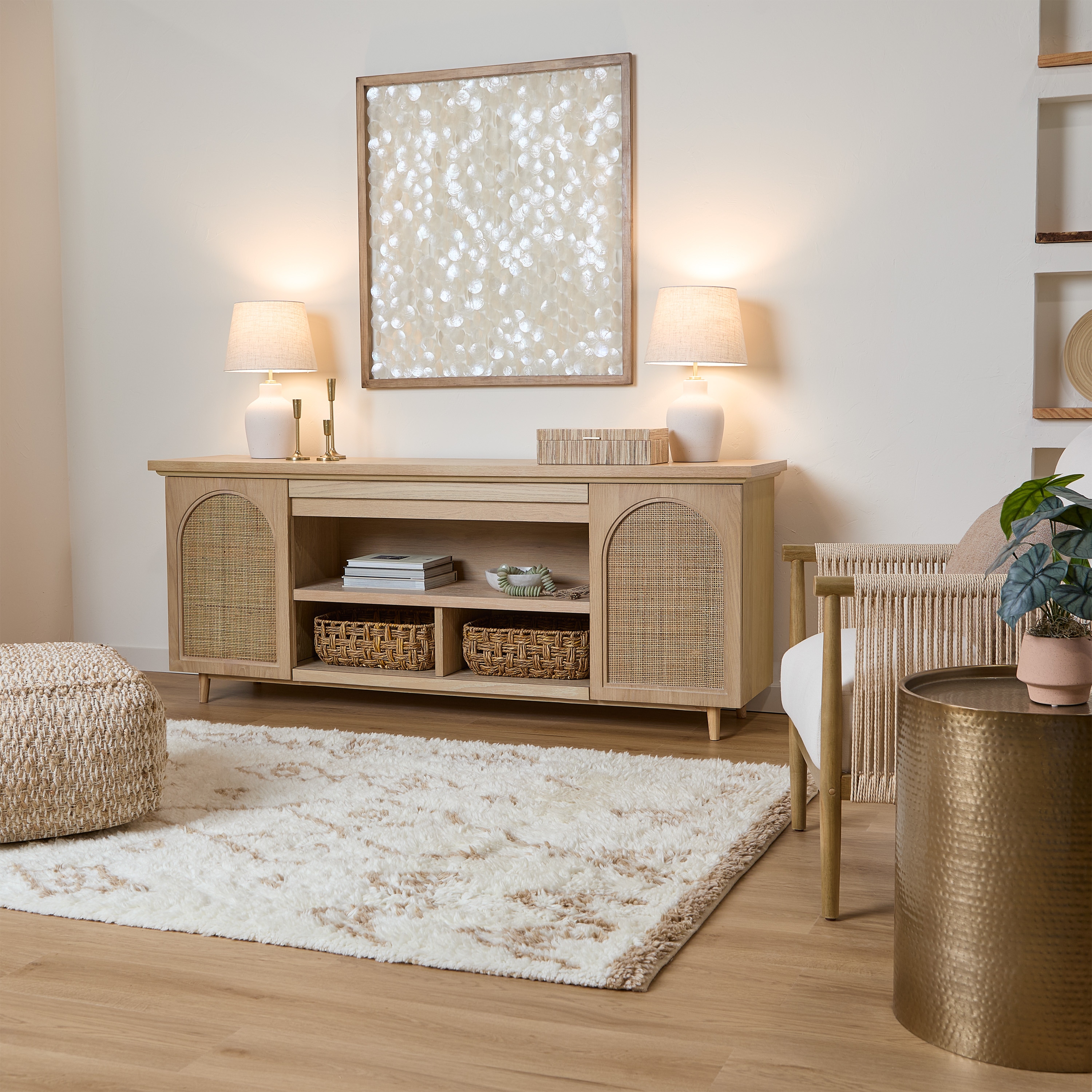 Dahlia 76" White Oak TV Stand with Fireplace and Cabinet
