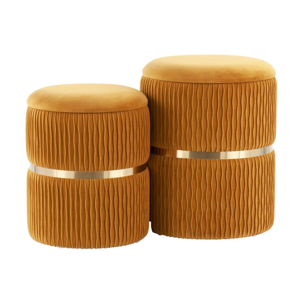 LumiSource OT-CINCH AUVOR Cinch Glam Gold Steel, Orange Velvet Round Integrated Storage Ottoman