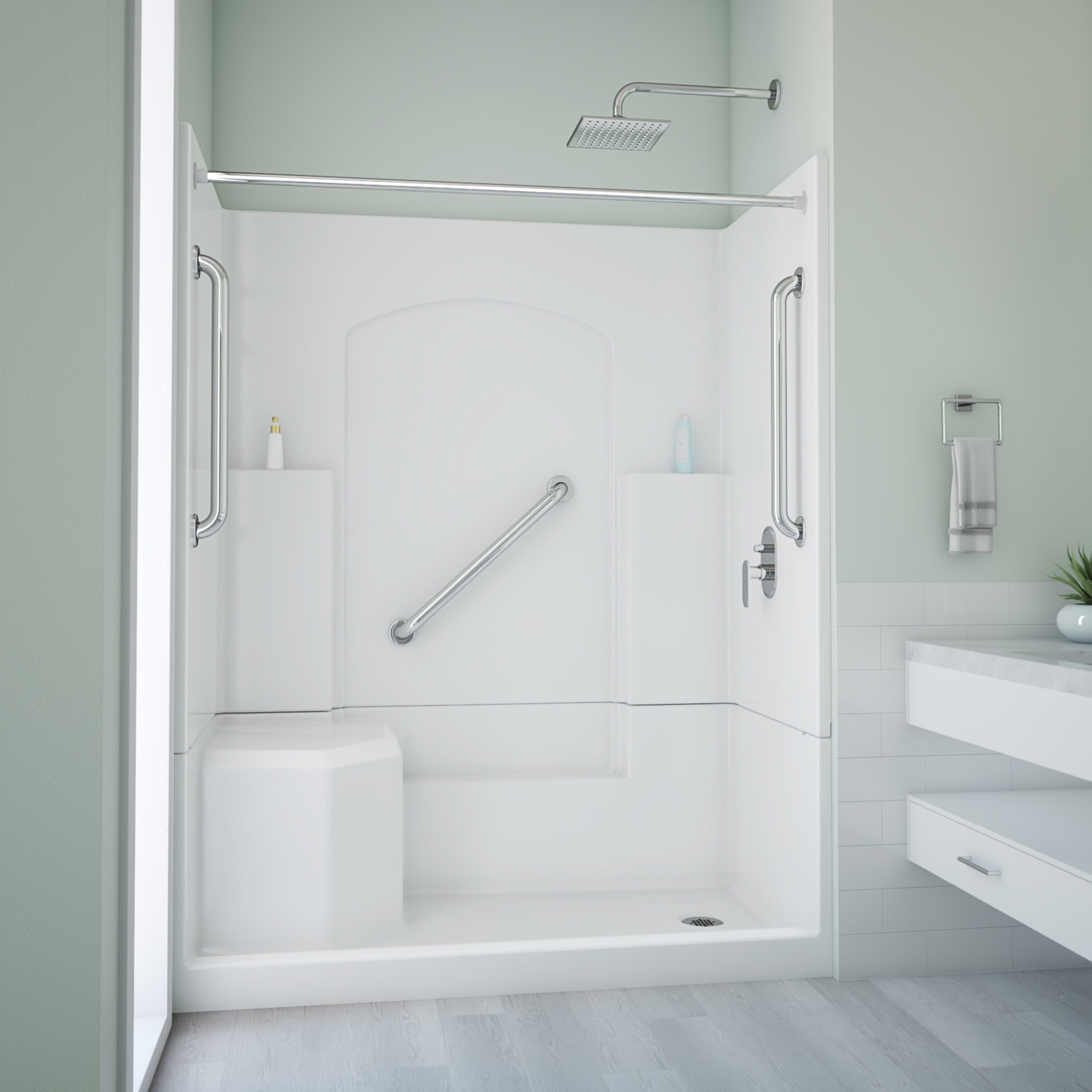 Laurel Mountain L3260SH1S4PLWC2 Ramer 4 -Piece 32-in W x 60-in L x 77-in H Alcove shower kit ( Right Drain) with Integrated Seat Base and Wall Included and Drain Included Chrome Hardware Included