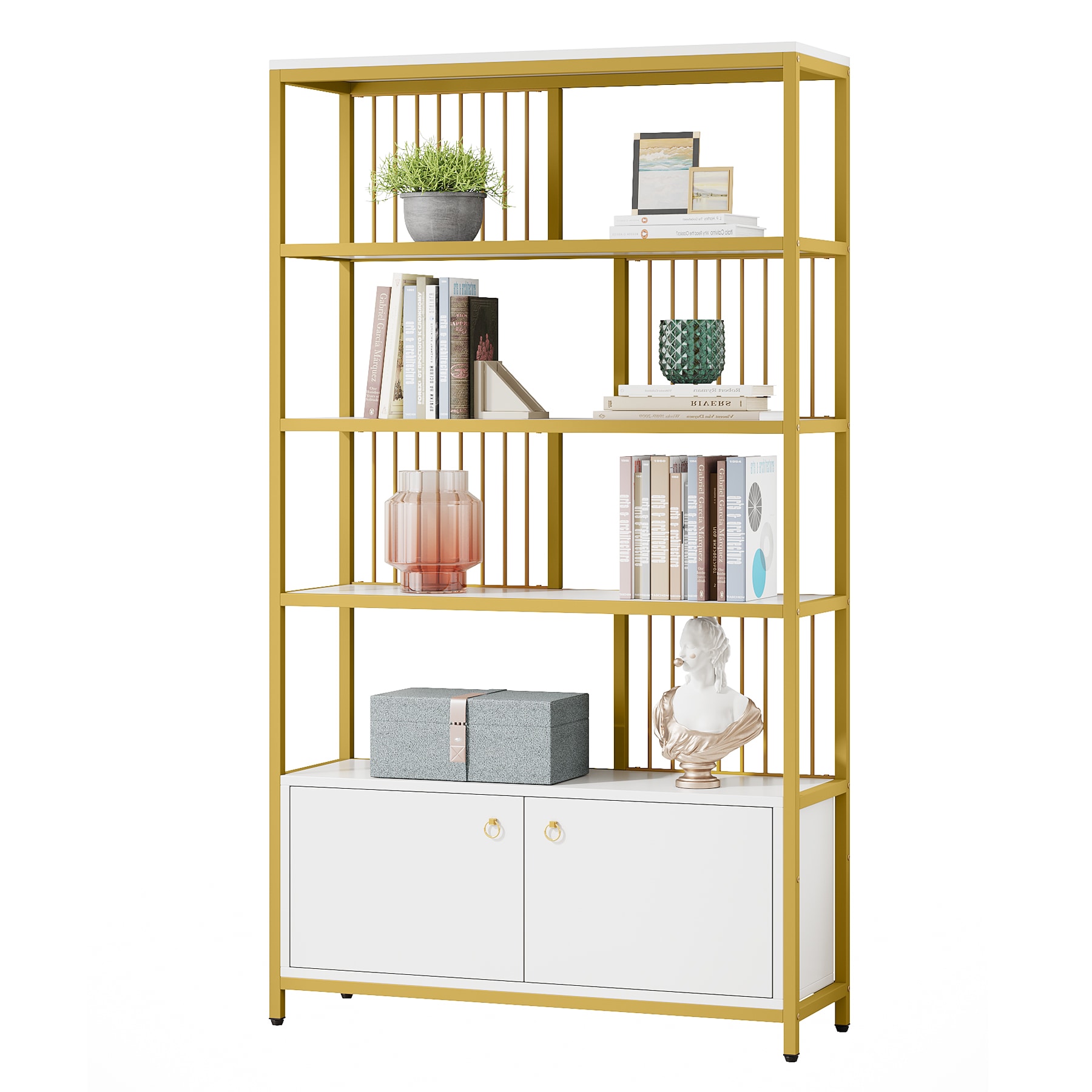 Tribesigns HOGA-F1703  5-Tier Tall Bookshelf with 2 Cabinets, 70.8 inches White and Gold Etagere Bookcase , Free Standing Opening Metal Storage Bookshelves for Display in Living Room, Study Room, Bedroom (Gold)