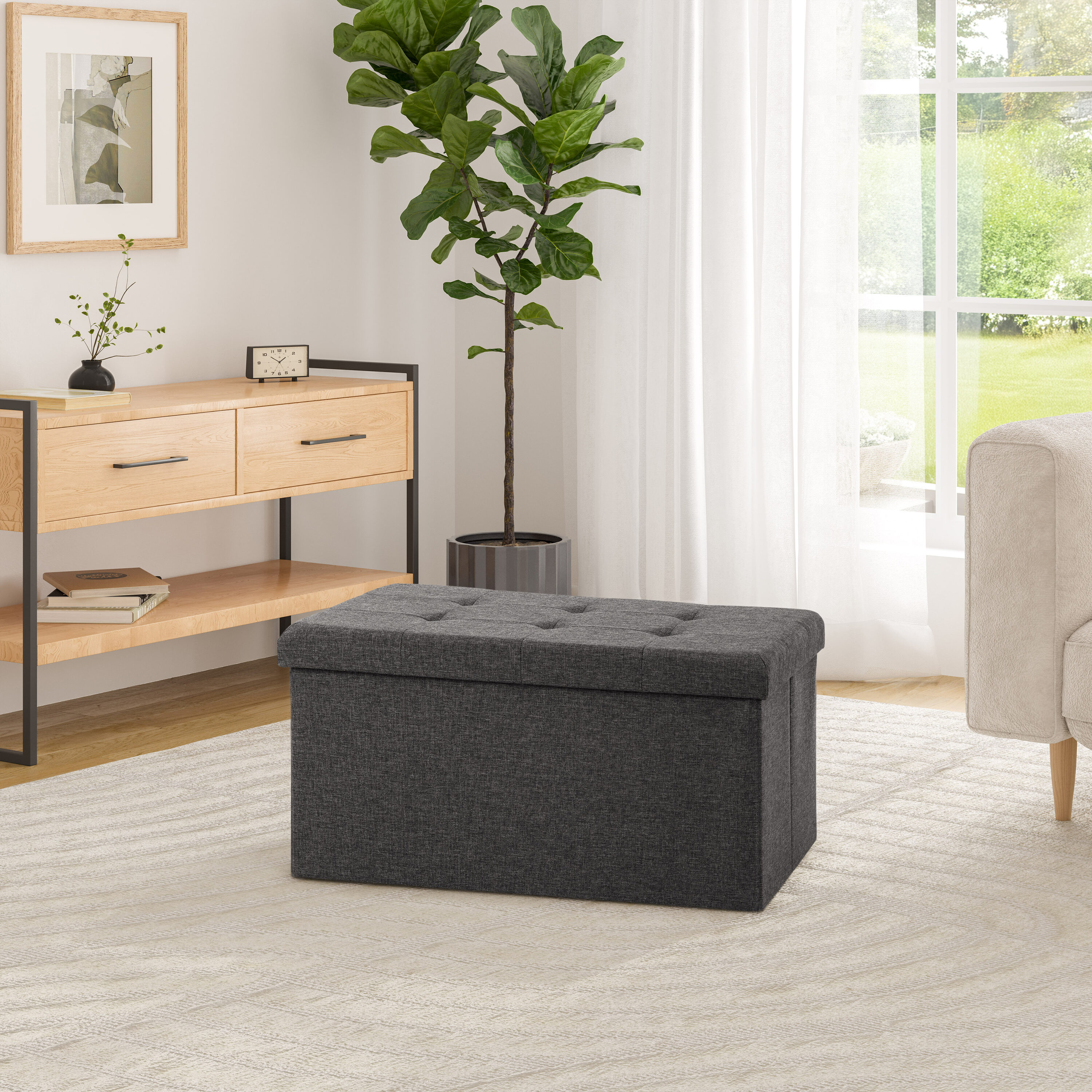 Charcoal Gray Tufted Storage Bench Ottoman with Cushioned Lid
