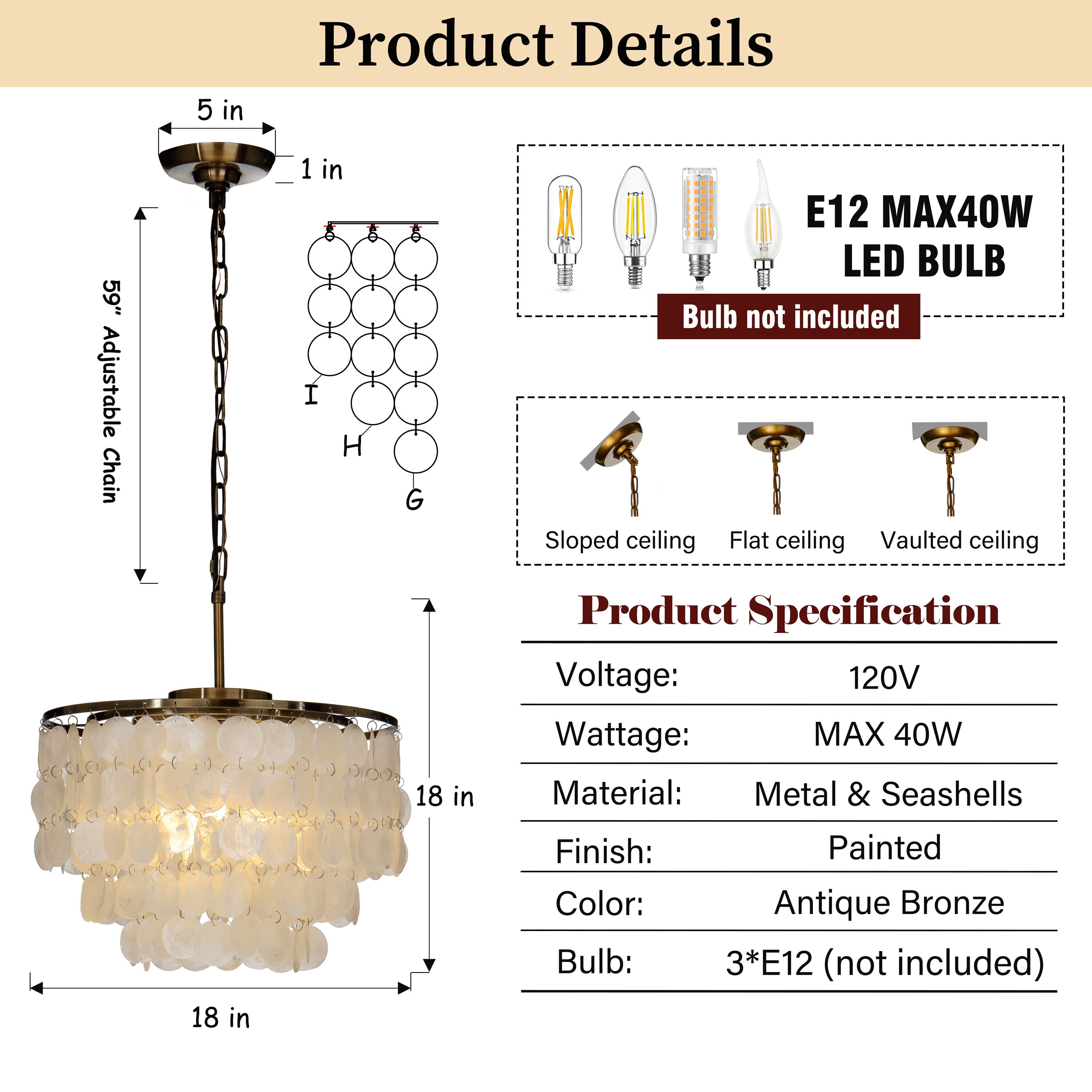 AloaDecor Lighting 3-Light Antique Bronze Coastal Shell