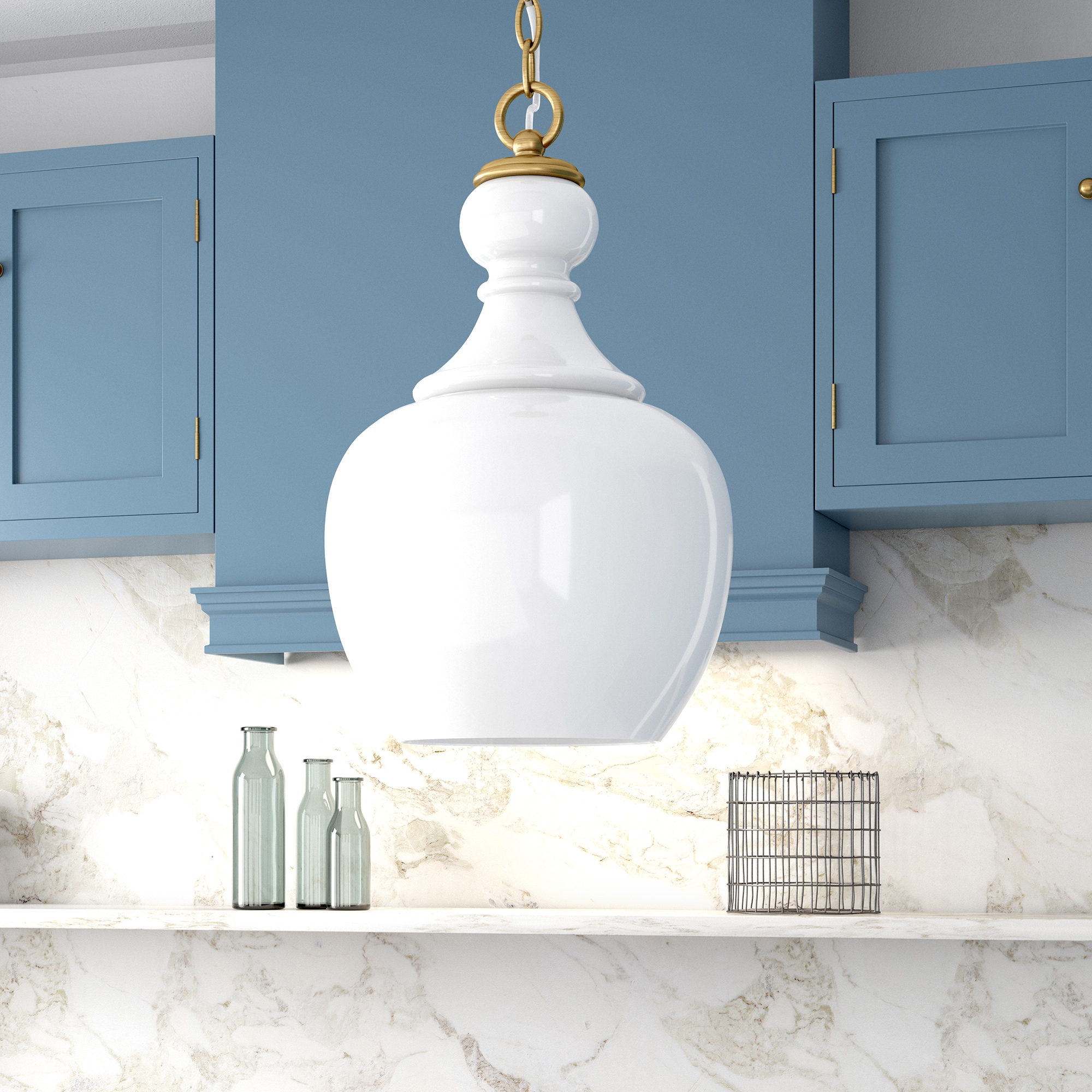 Hailey Home PD1067 Verona Brushed Brass Transitional White glass Drum Medium Hanging Pendant light