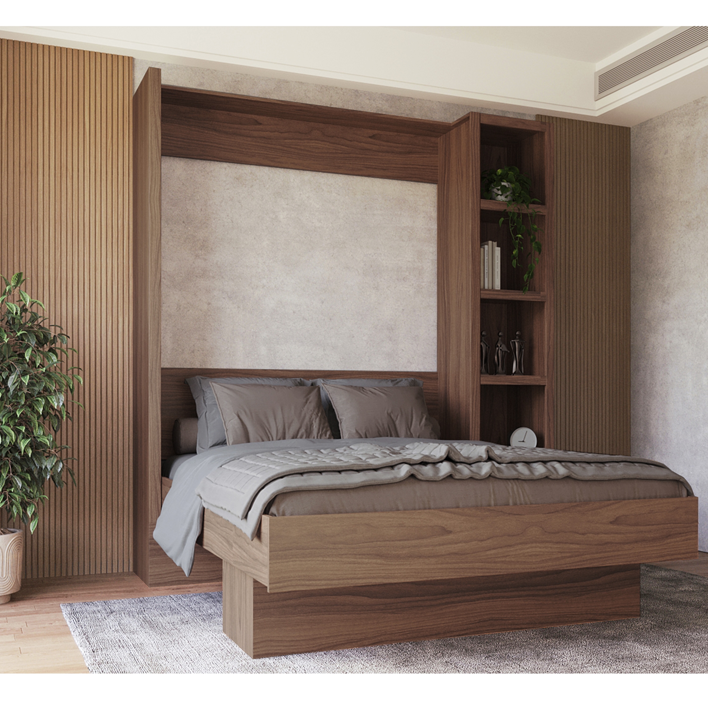 Oakland Living LILA-BED-QN-BS-BN High Quality Brazilian Wall Bed Brown Queen Wood veneer Murphy Bed with Storage