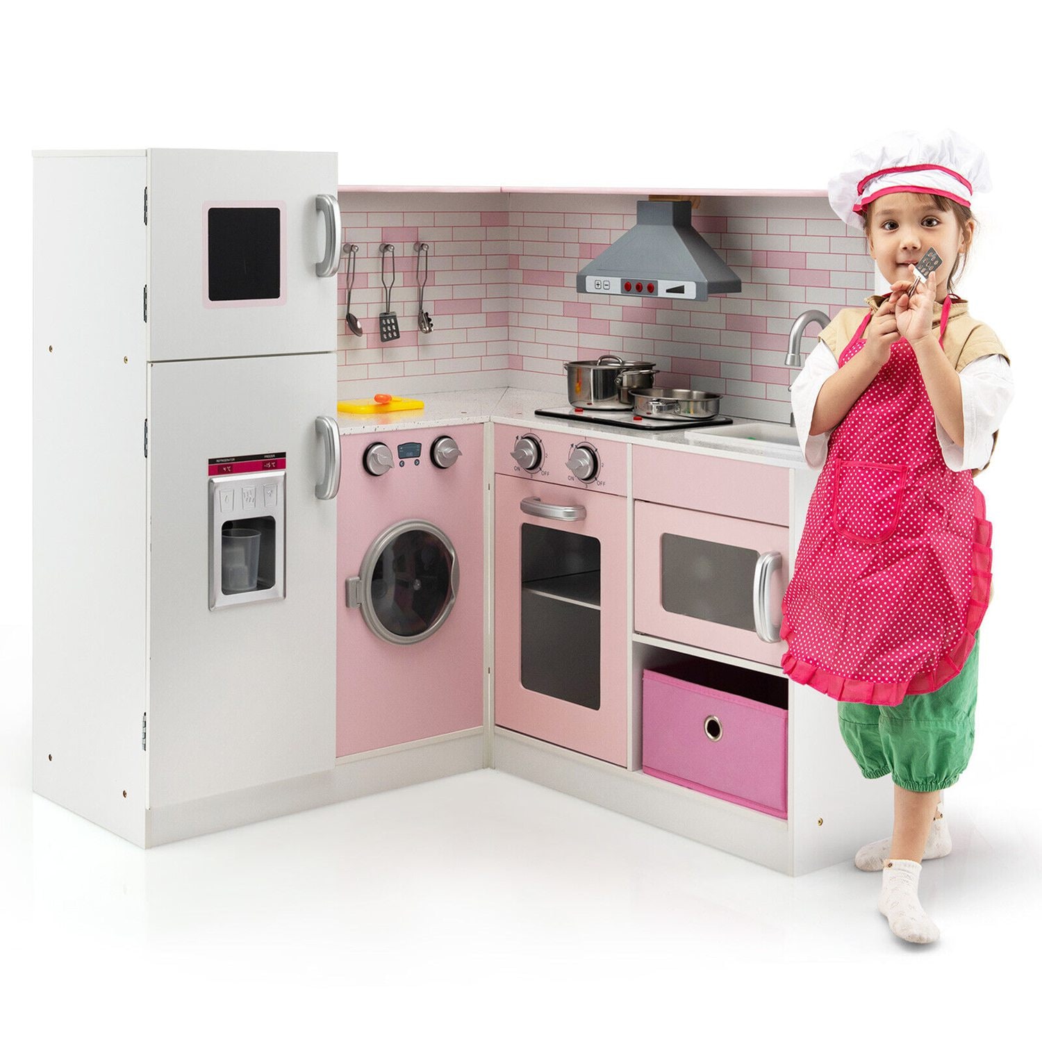 Costway CSHY000346 Kids Corner Kitchen Play Set with Lifelike Sound and Sparkling Light Gift for Age 3+