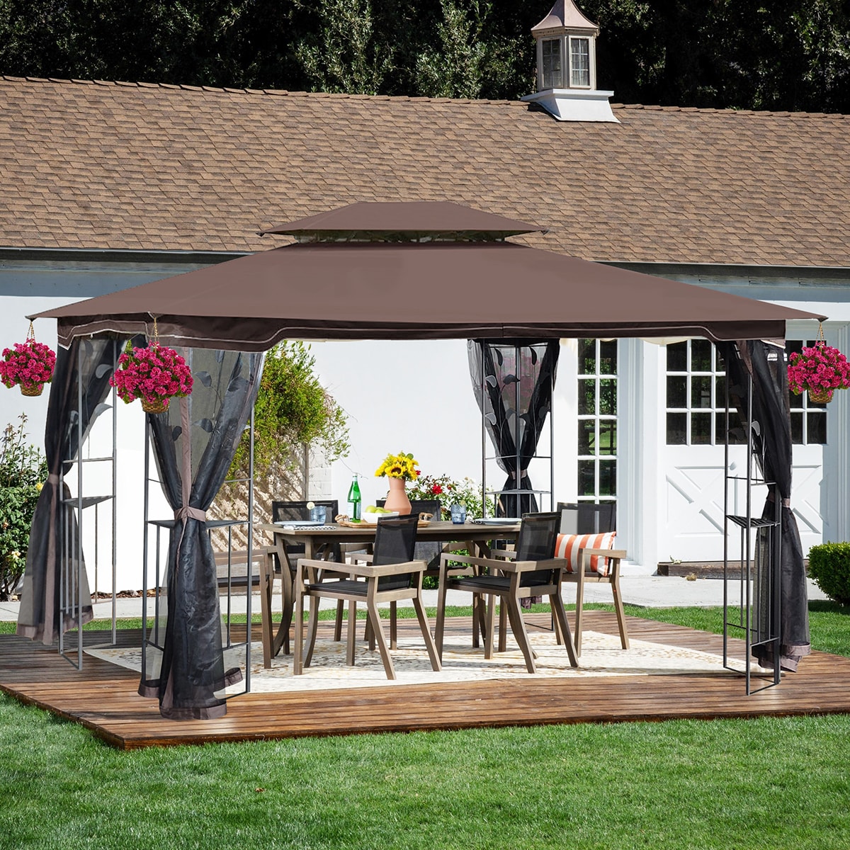 Clihome 10-ft x 13-ft Patio Gazebo Rectangle Brown Metal Polyester Roof ...