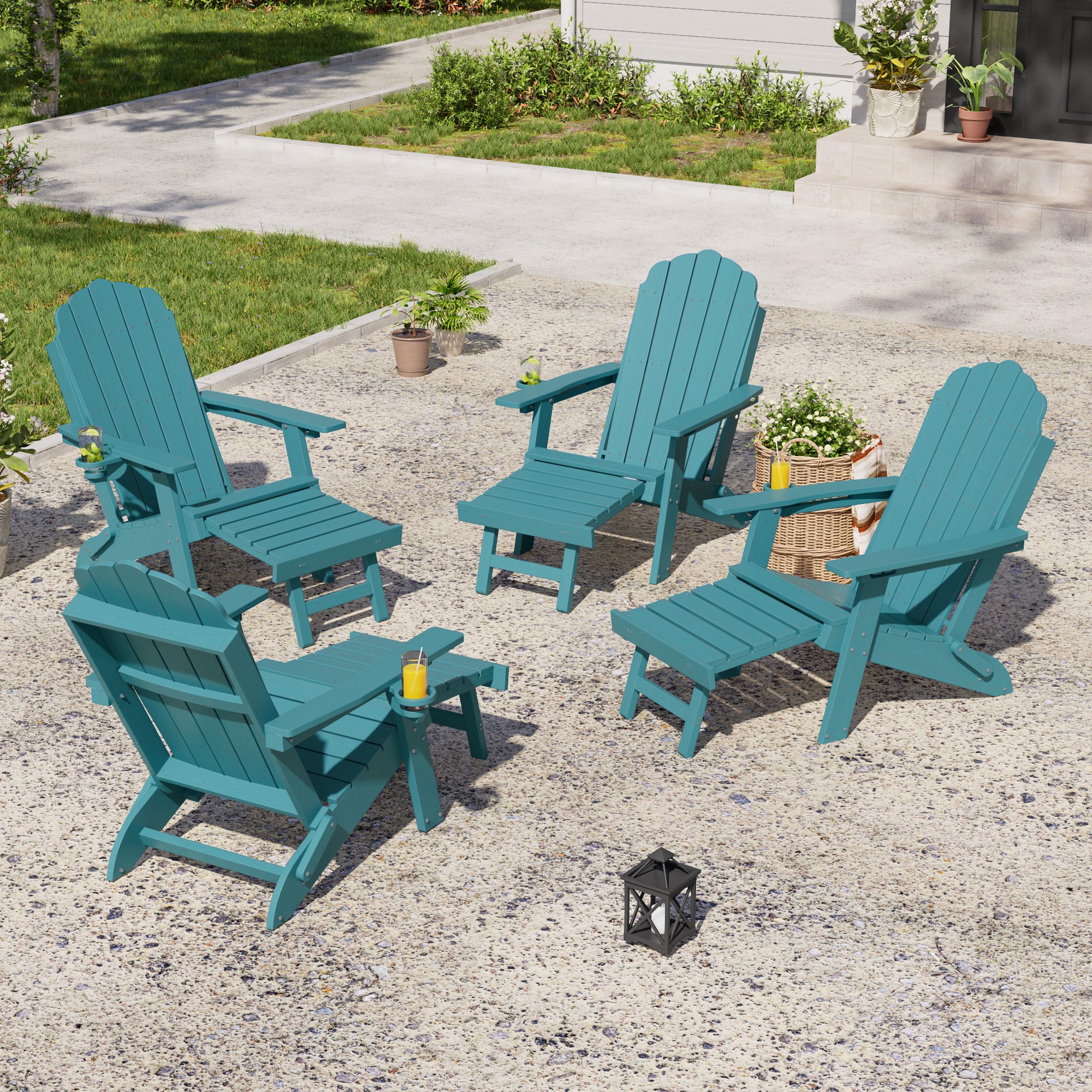 Rattaner Lake Blue Foldable Adirondack Chair with ottoman Set of 4