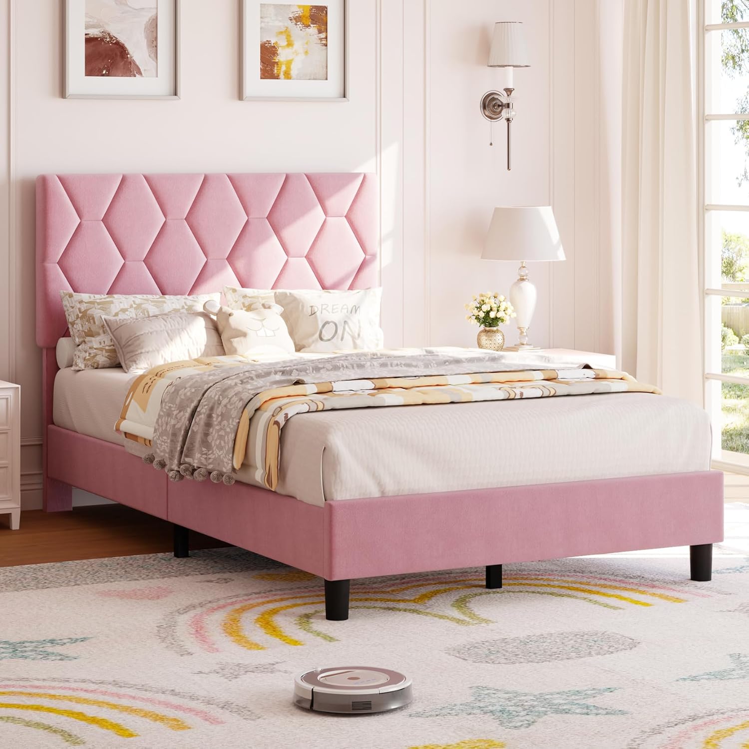 Qeetex LHF-BED-PHO-10JWQNAS Pink Twin Bed Frame with Upholstered Headboard Heavy-Duty Platform Bed Frame with Strong Wood Slats No Box Spring Needed/Noise Free/Easy Assembly