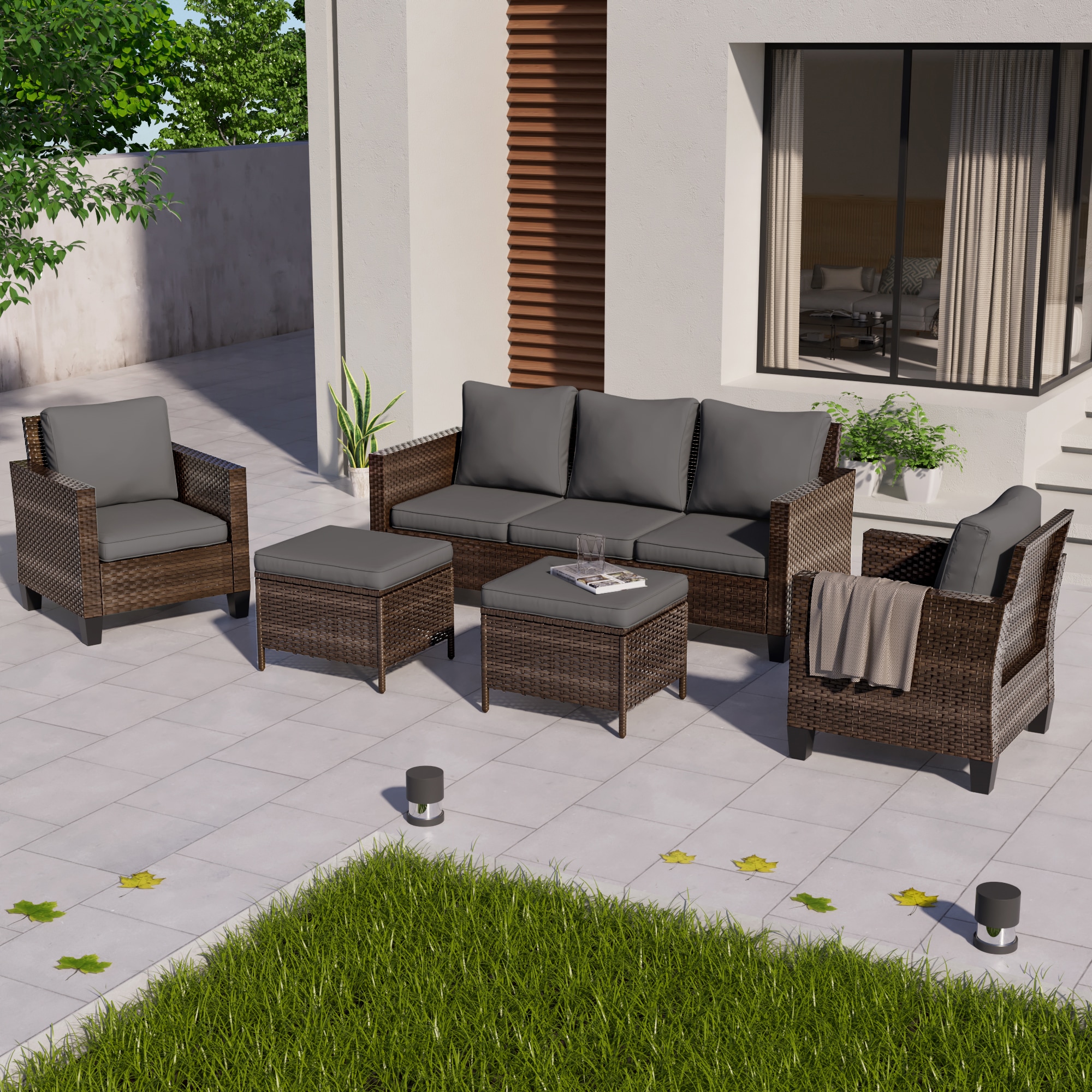 ACEGOSES LW-115BGY-T3 5 -Piece Wicker Patio Sofa Conversation Set with Gray Cushions