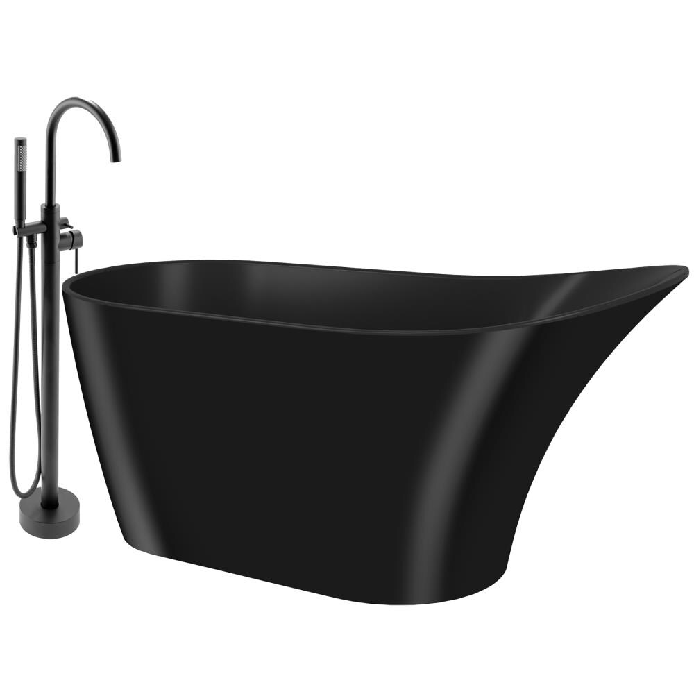 AKDY BT0152-47 Freestanding Combo 28.1-in x 59.1-in Matte Black Acrylic Oval Freestanding Soaking Bathtub with Faucet, Hand Shower and Drain (Back Center Drain)