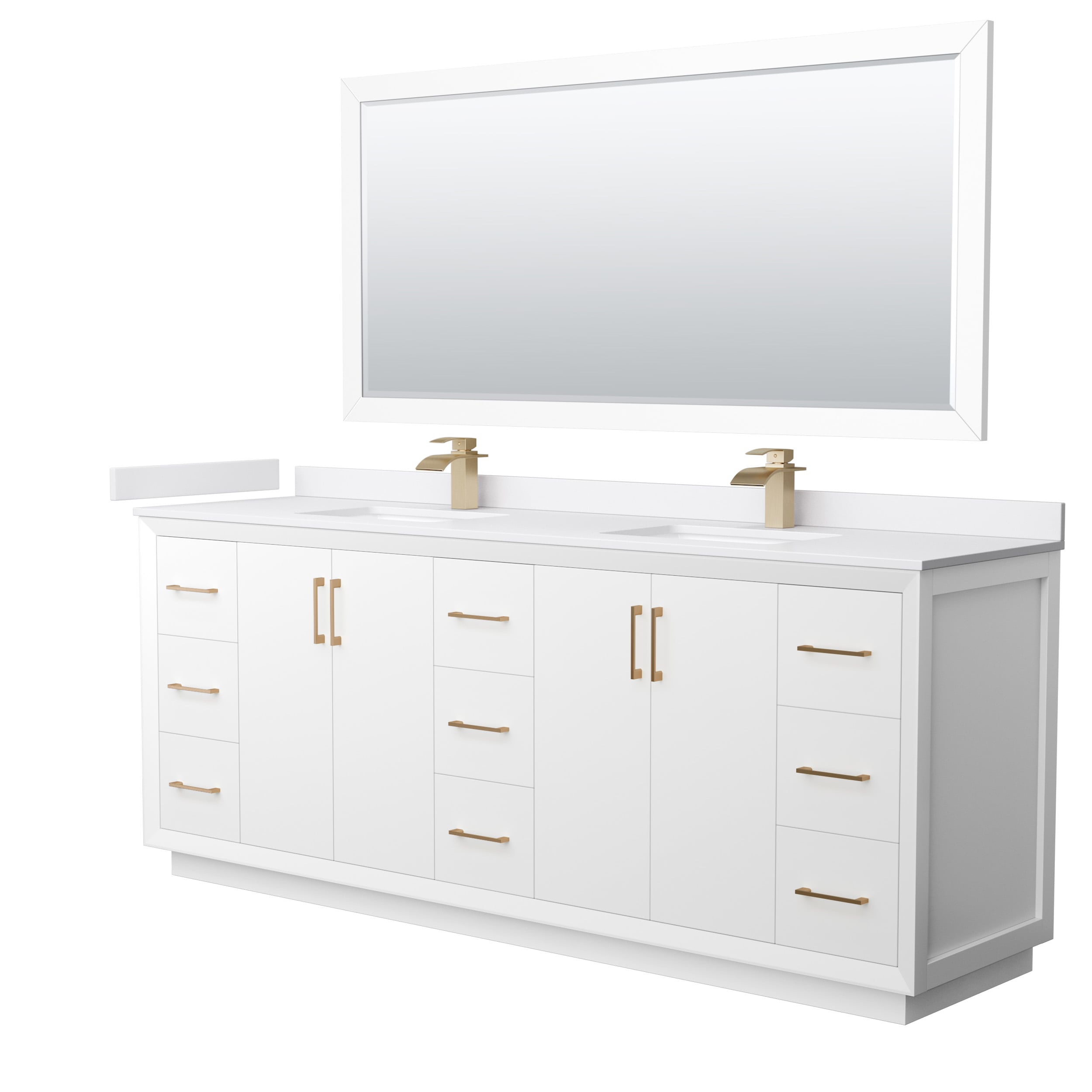 Wyndham Collection WCF414184DWZWCUNSM70 Strada 84-in White with Satin Bronze Trim Undermount Double Sink Bathroom Vanity with White Cultured Marble Top (Mirror Included)