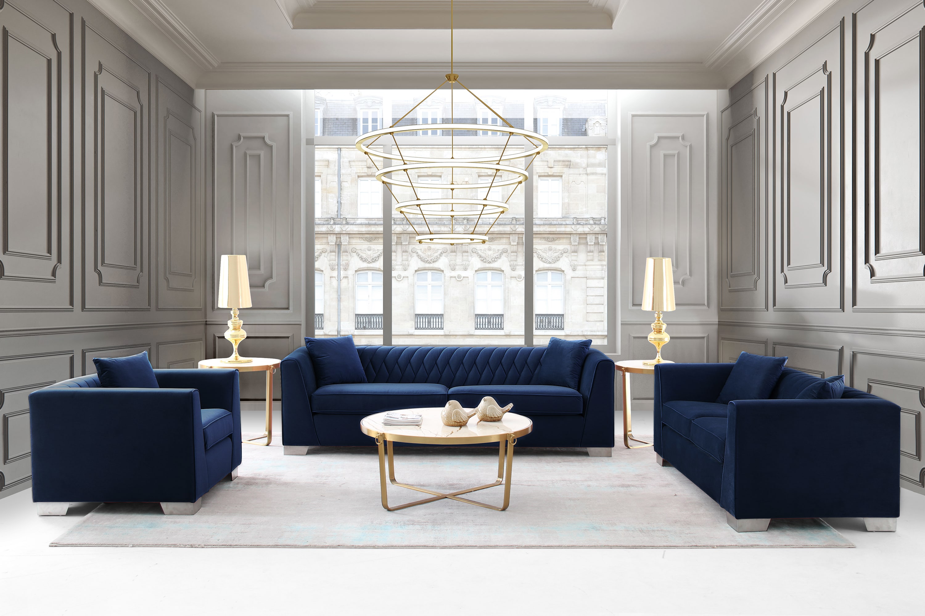 Cambridge 90.5'' Blue Velvet Contemporary Stationary Sofa