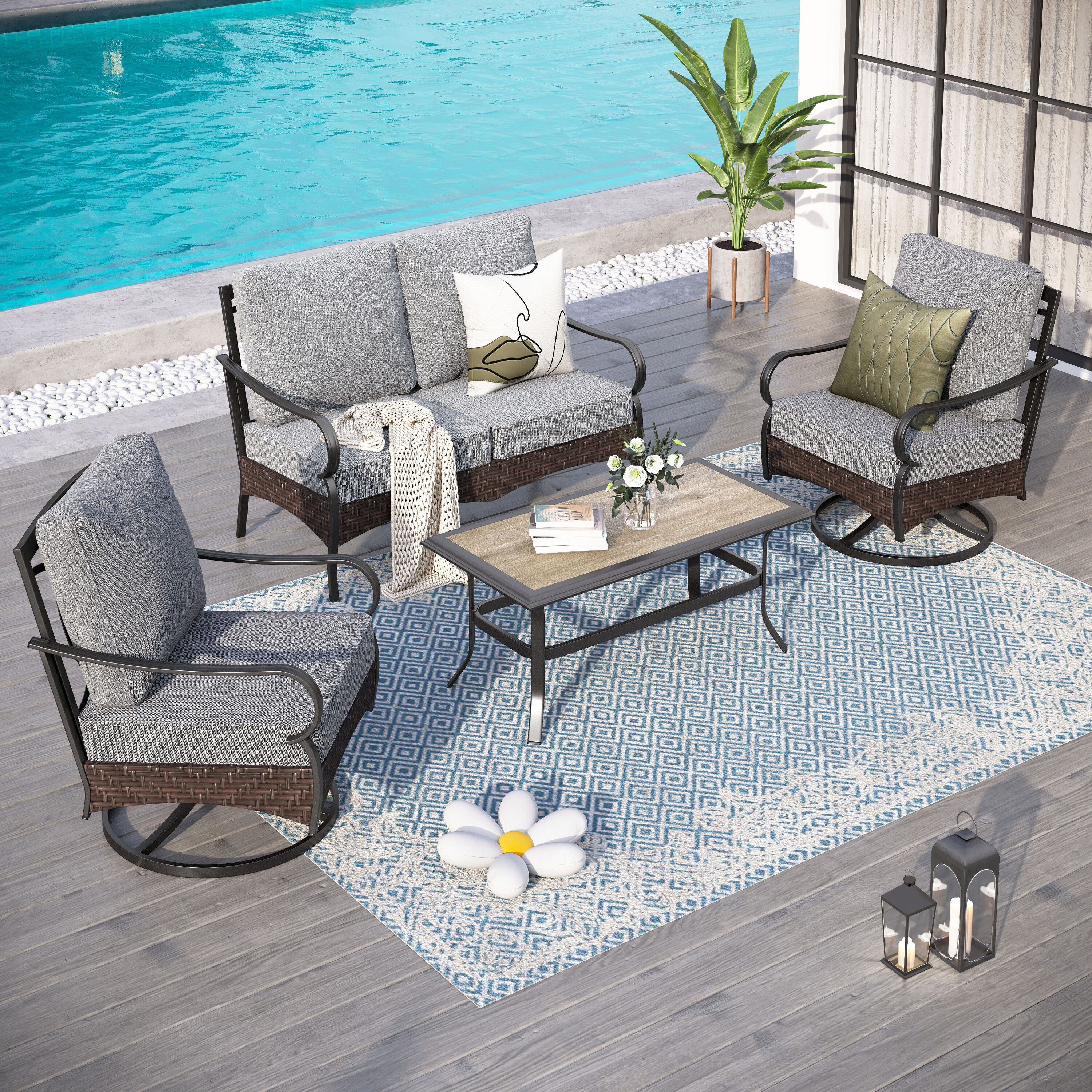 Sunshine Valley CR001-03-4-GR Patio Conversation Sets 4 -Piece Wicker Patio Conversation Set with Gray CUSHION PRO Cushions
