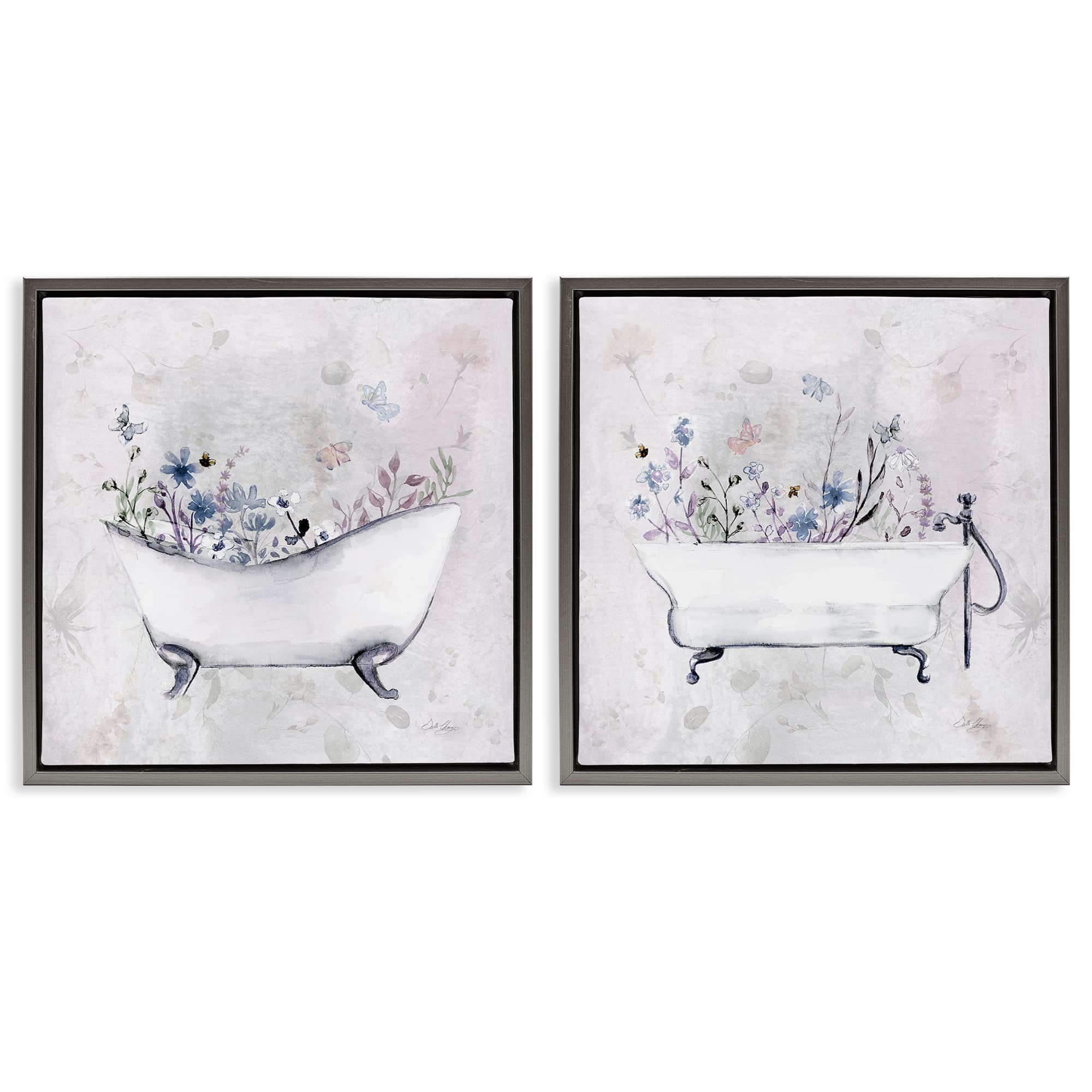 Stupell Industries B2-725-FFL-2PC-17X17 Antique Tubs with Botanics 2 Piece Gray Framed Floater Canvas Set By Stella Chang 18 x 18