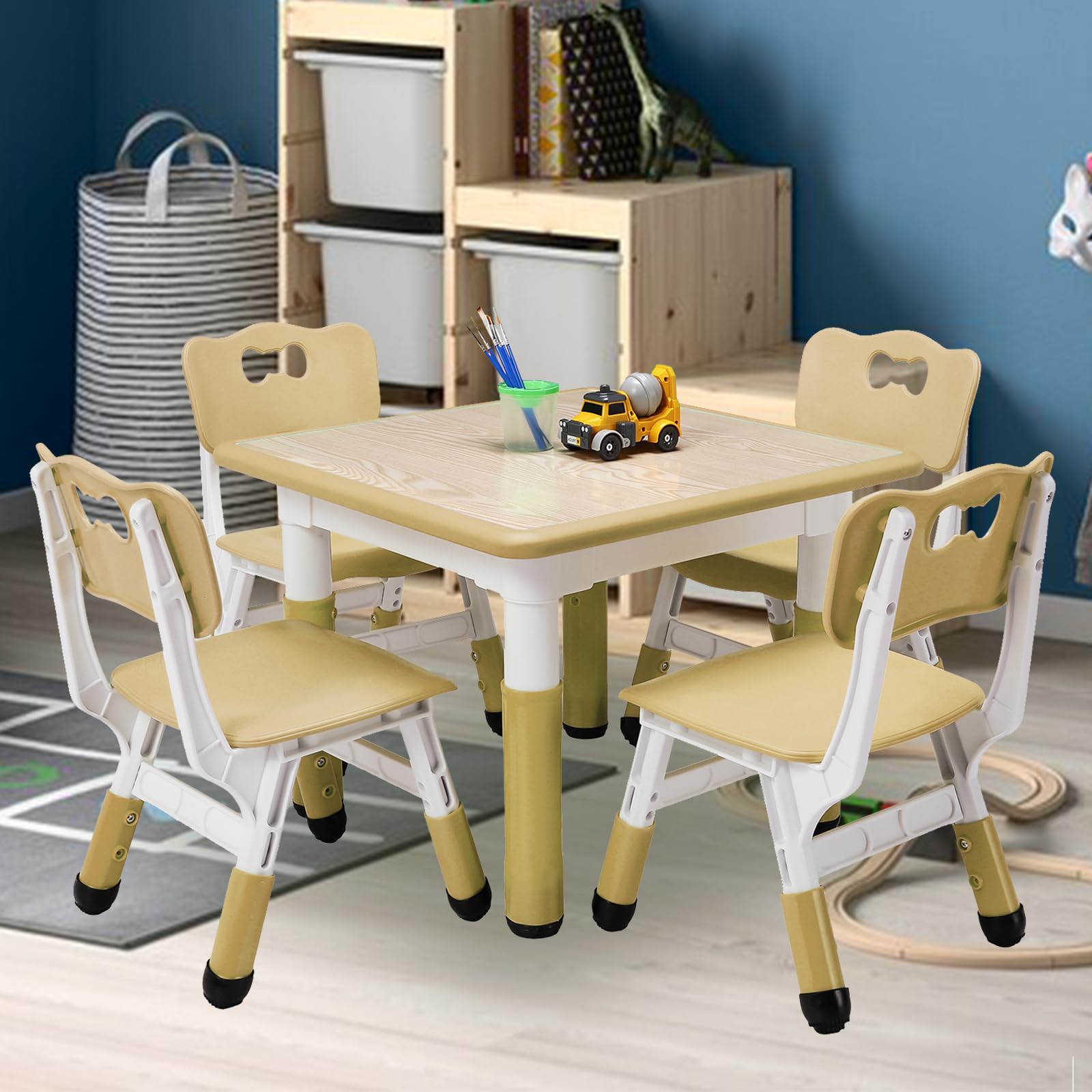 IdealHouse Toddler Table and Chairs Set for 4 Kids Adjustable Height Graffiti Desktop Activity Table for Daycare Classroom and Kindergarten Natural