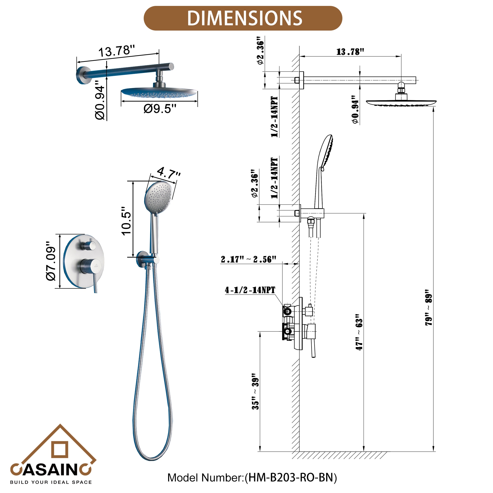 CASAINC Shower System Brushed Nickel 1-handle Single Function 9.5-in ...