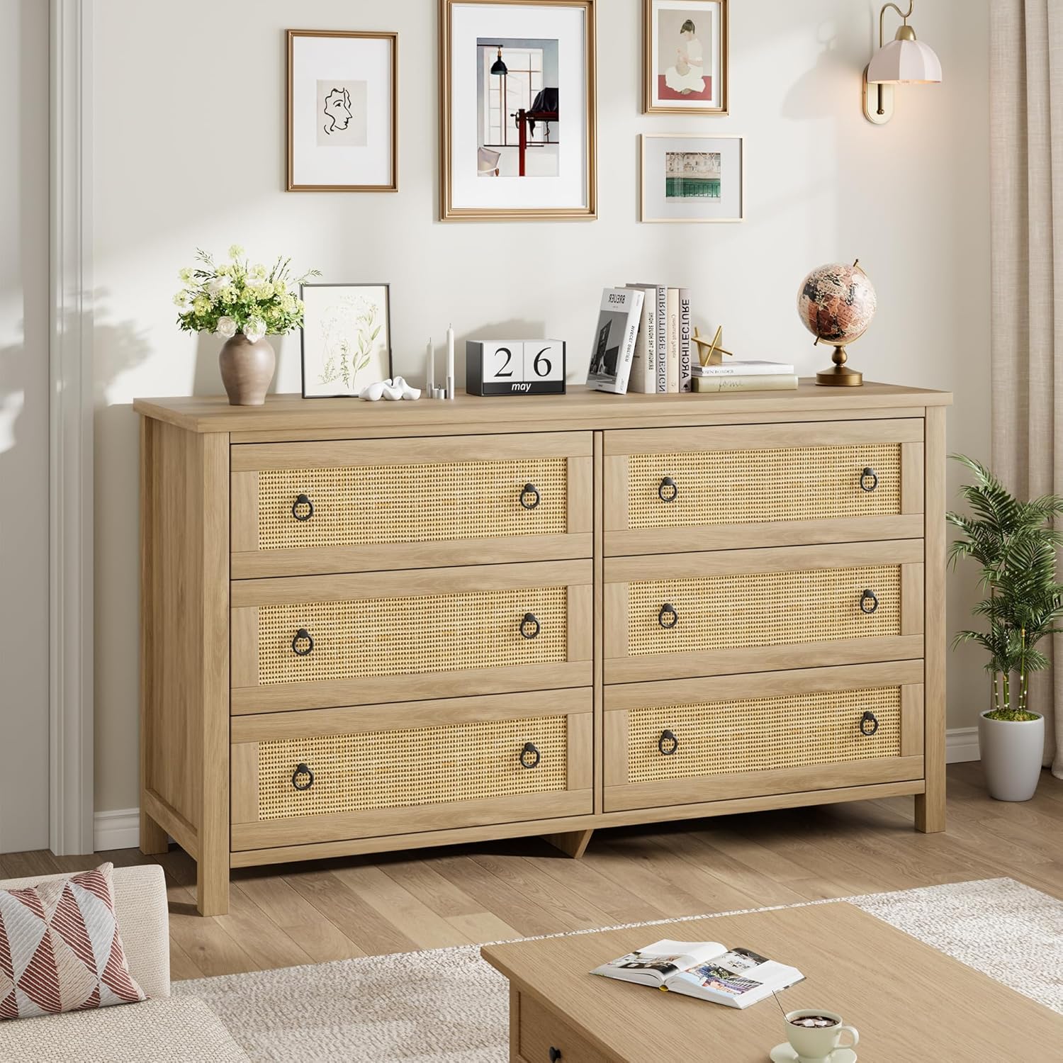 Qeetex LSDIBPHO339MPJ54 Polished Engineered Wood Six Drawer Rattan Dresser for Bedroom Closet and Living Room with Boho Design and Anti Tip Safety