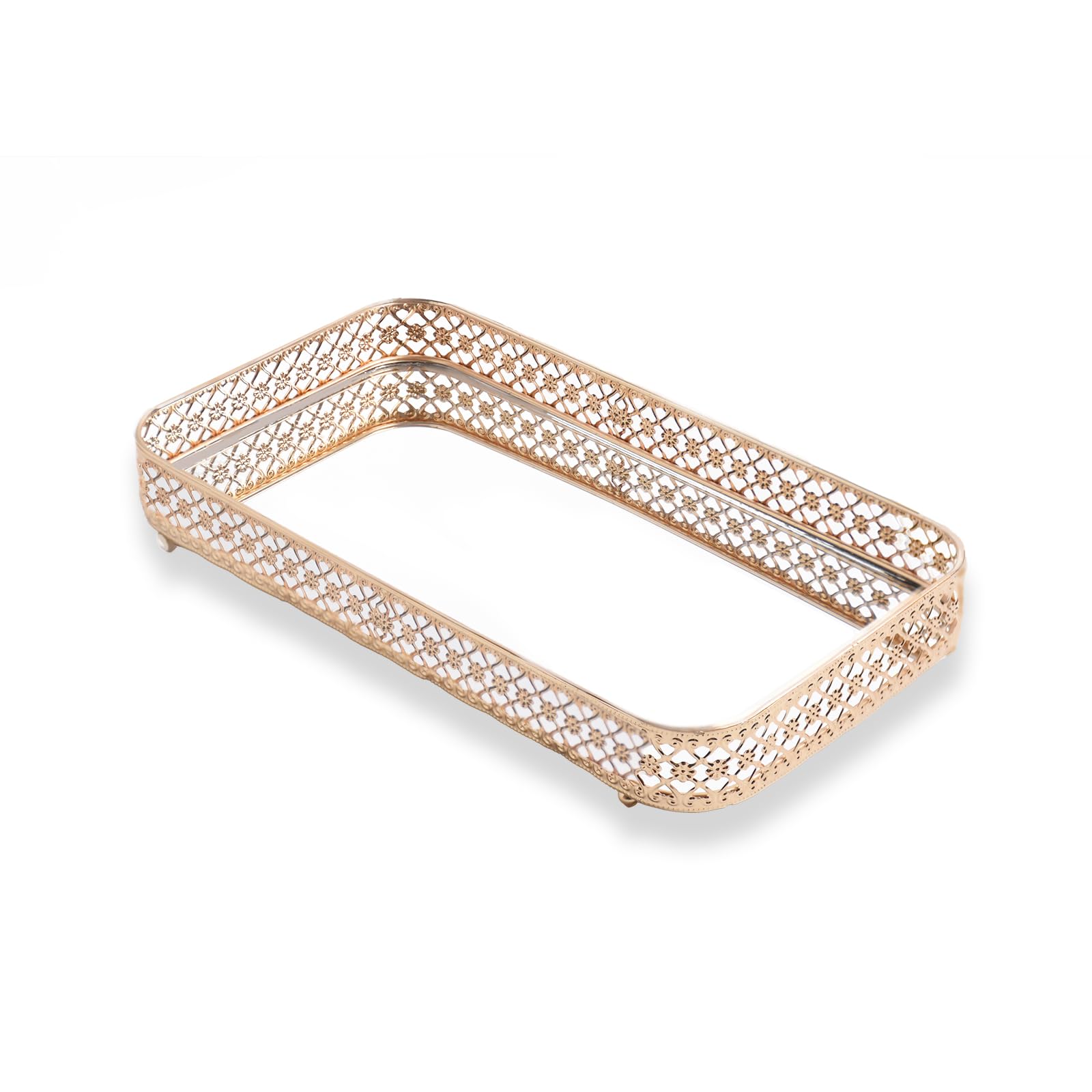 Aoibox  Decorative Mirrored Tray with Gold Metal Cutout Design Glass Base and Metal Jewelry Organizer 13 x 8 Inch Gold