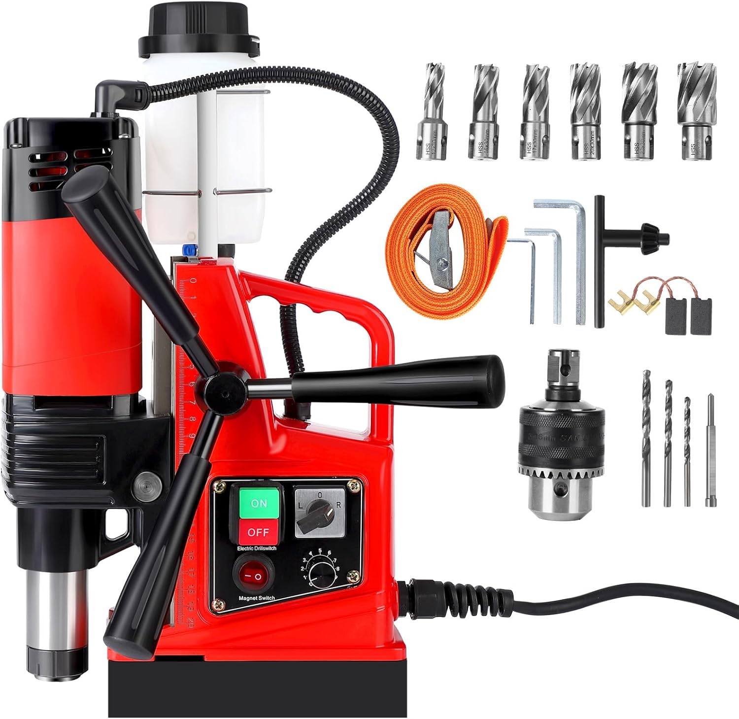 Garvee 1400W Magnetic Drill Press - 2in Max Drilling Diameter Forward/Reverse Self-Locking 810 RPM Adjustable Speed 6 Drill Bits Portable for Industrial and Home Metal Drilling