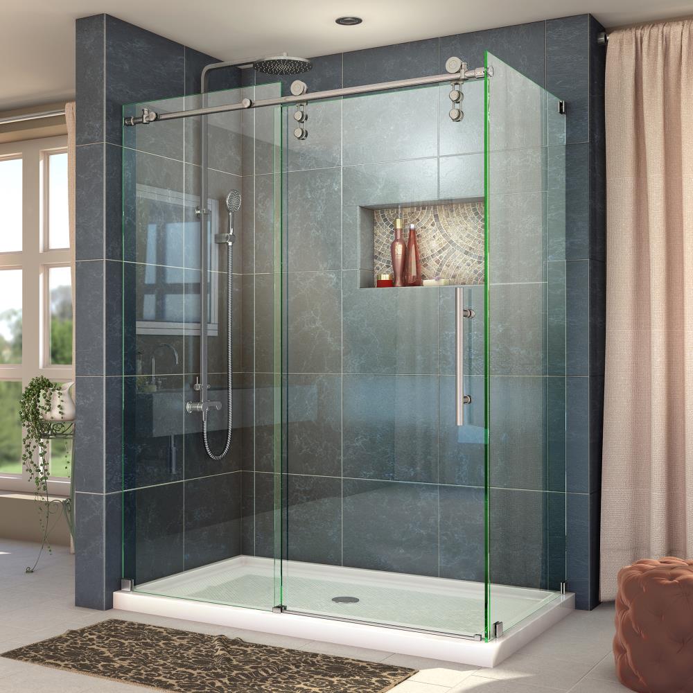 DreamLine SHEN-6234600-07 Enigma-Z Brushed Stainless Steel 56-3/8-in to 60-3/8-in W x 76.0-in H Frameless Sliding Shower door 3/8-in Thick Clear Glass